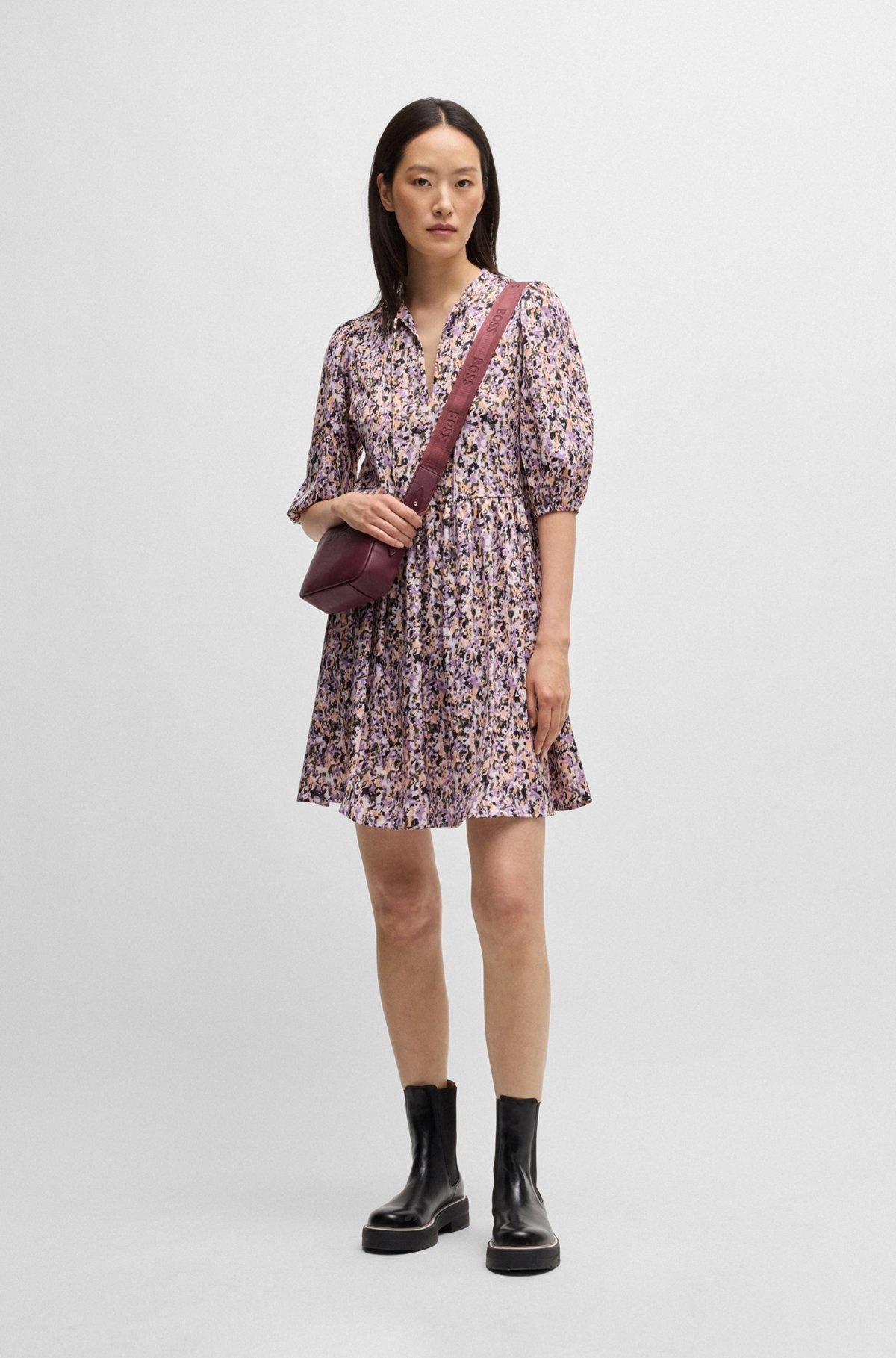 CROPPED-SLEEVE DRESS IN HAMMERED SATIN WITH SEASONAL PRINT - 2