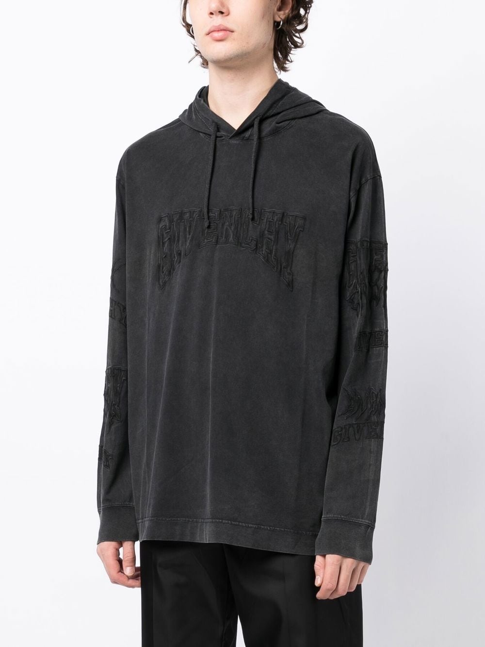 embroidered logo faded-effect hoodie - 3