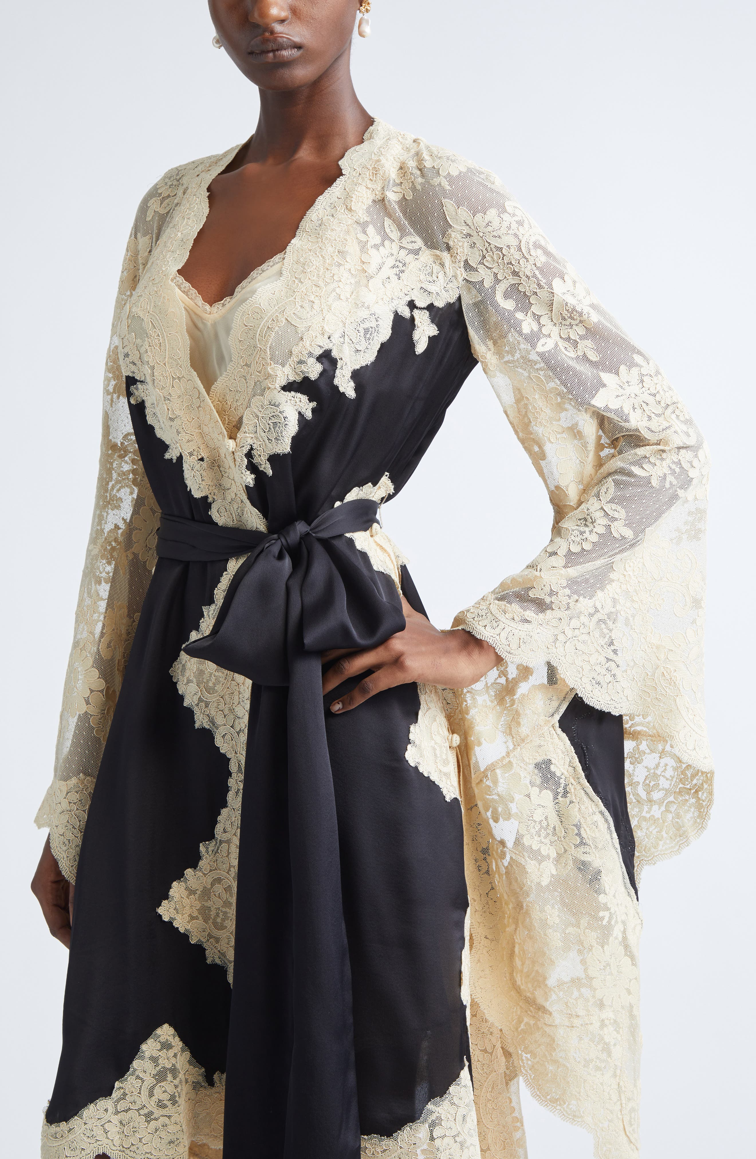 Zimmermann Hypnotic Long Sleeve Satin & Lace Wrap Dress in Beige/Black at Nordstrom - 4