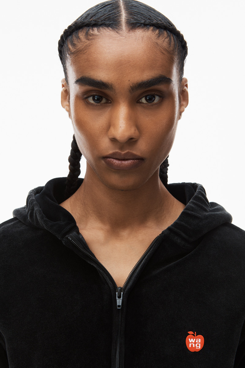 apple logo shrunken zip up hoodie in velour 5