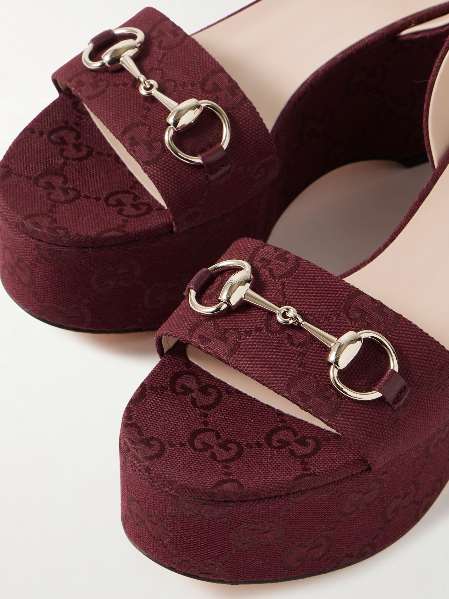 Lady horsebit-embellished canvas-jacquard platform sandals Burgundy - 4