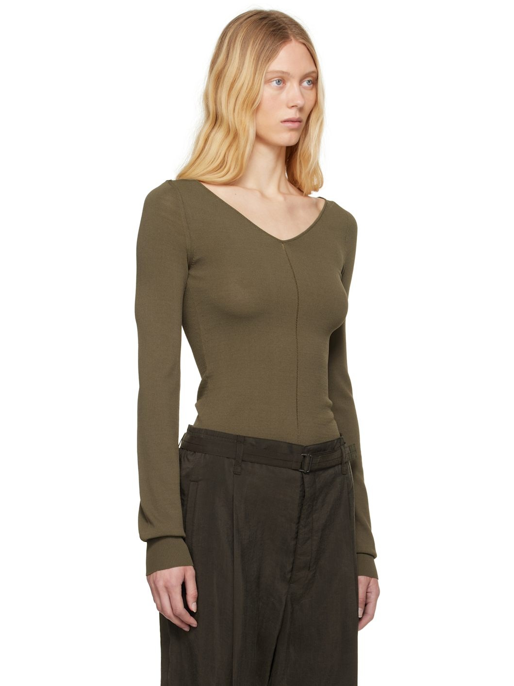 Khaki Wide V-Neck Top - 2