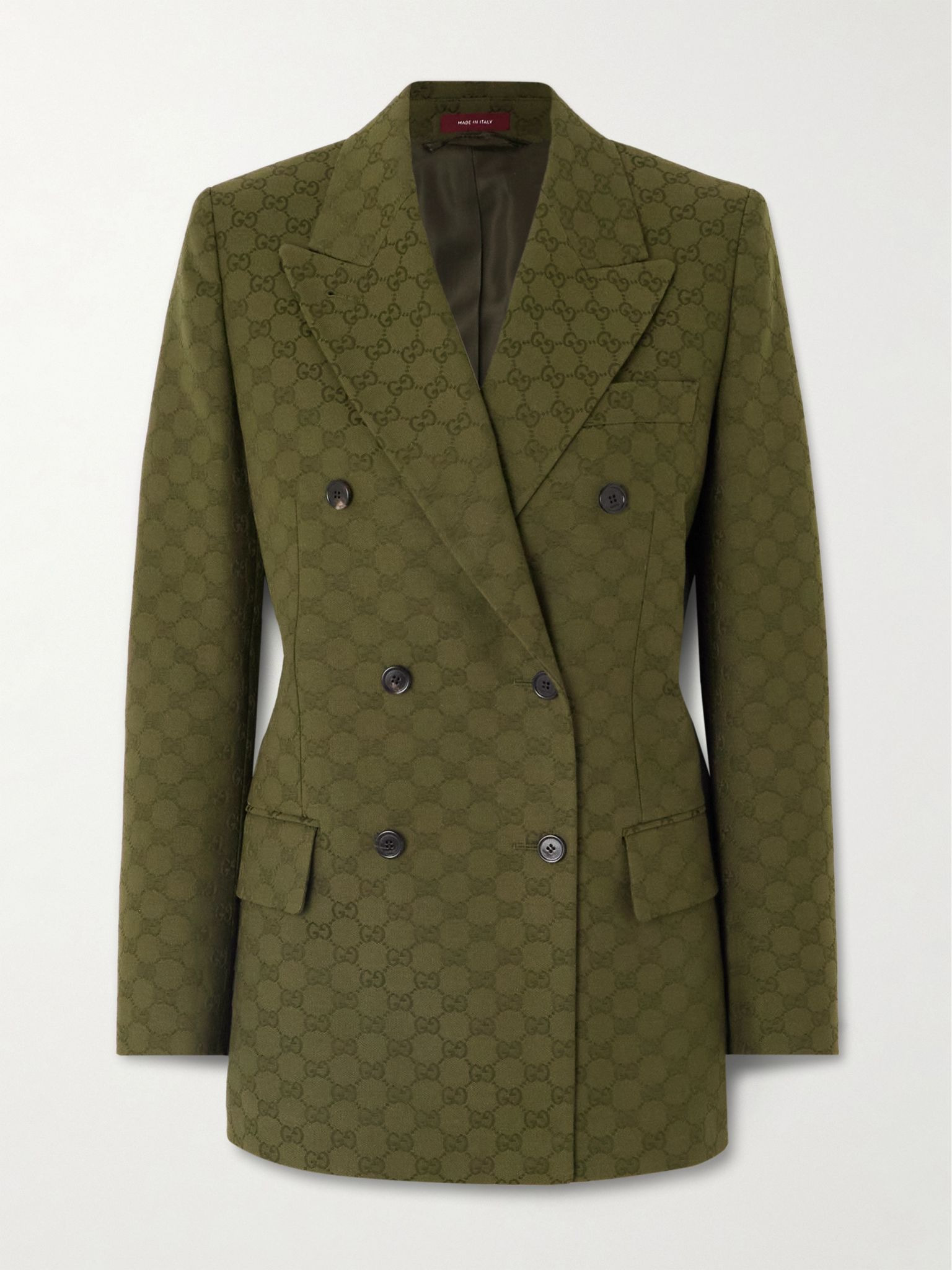 Double-breasted jacquard cotton-blend canvas blazer Army green - 1