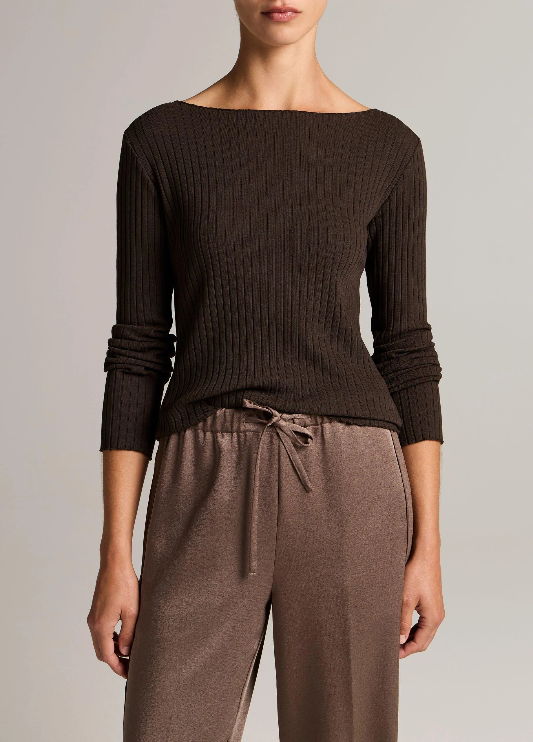 Ribbed Cotton-Blend Slash-Neck Long-Sleeve Top - 1