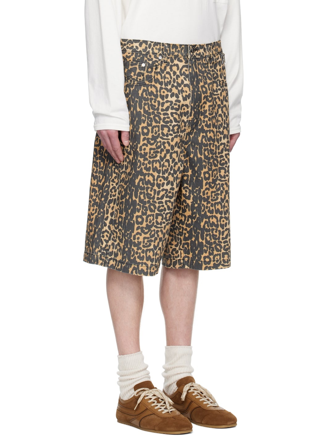 Beige Leopard Traxedo Baggy Denim Shorts - 2