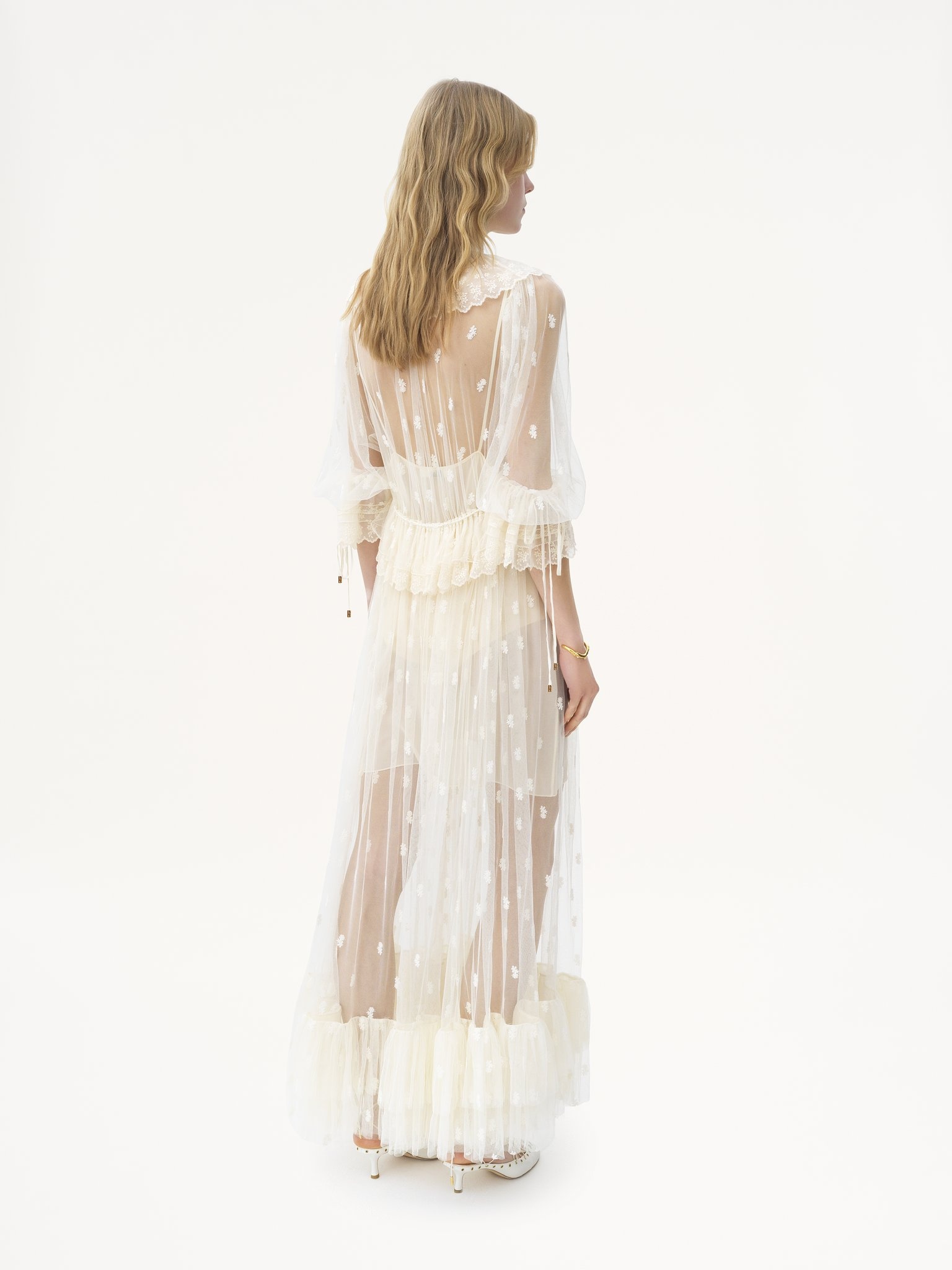 GATHERED V-NECK LONG DRESS IN EMBROIDERED LACE - 4