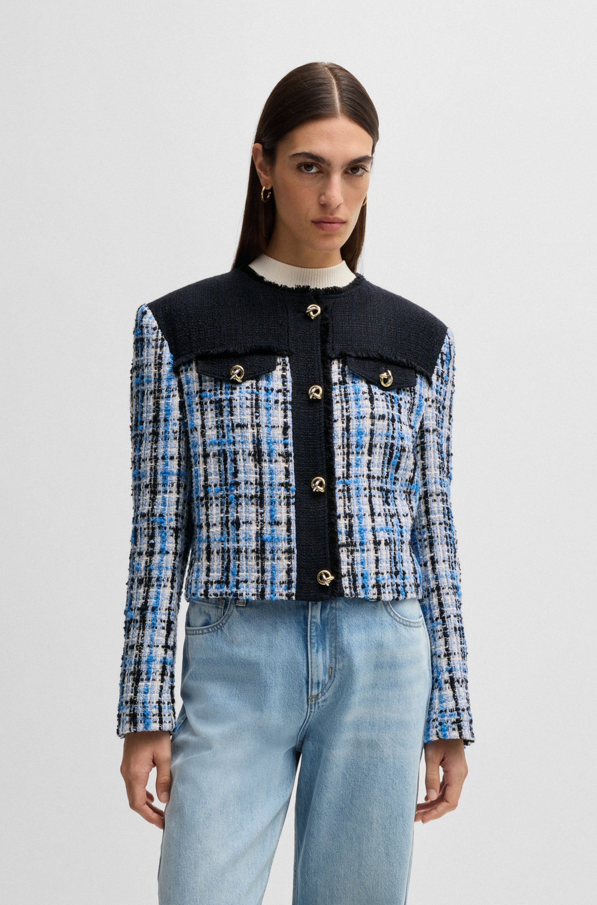 TWEED JACKET WITH CONTRAST PANELS AND KNOT BUTTONS - 2