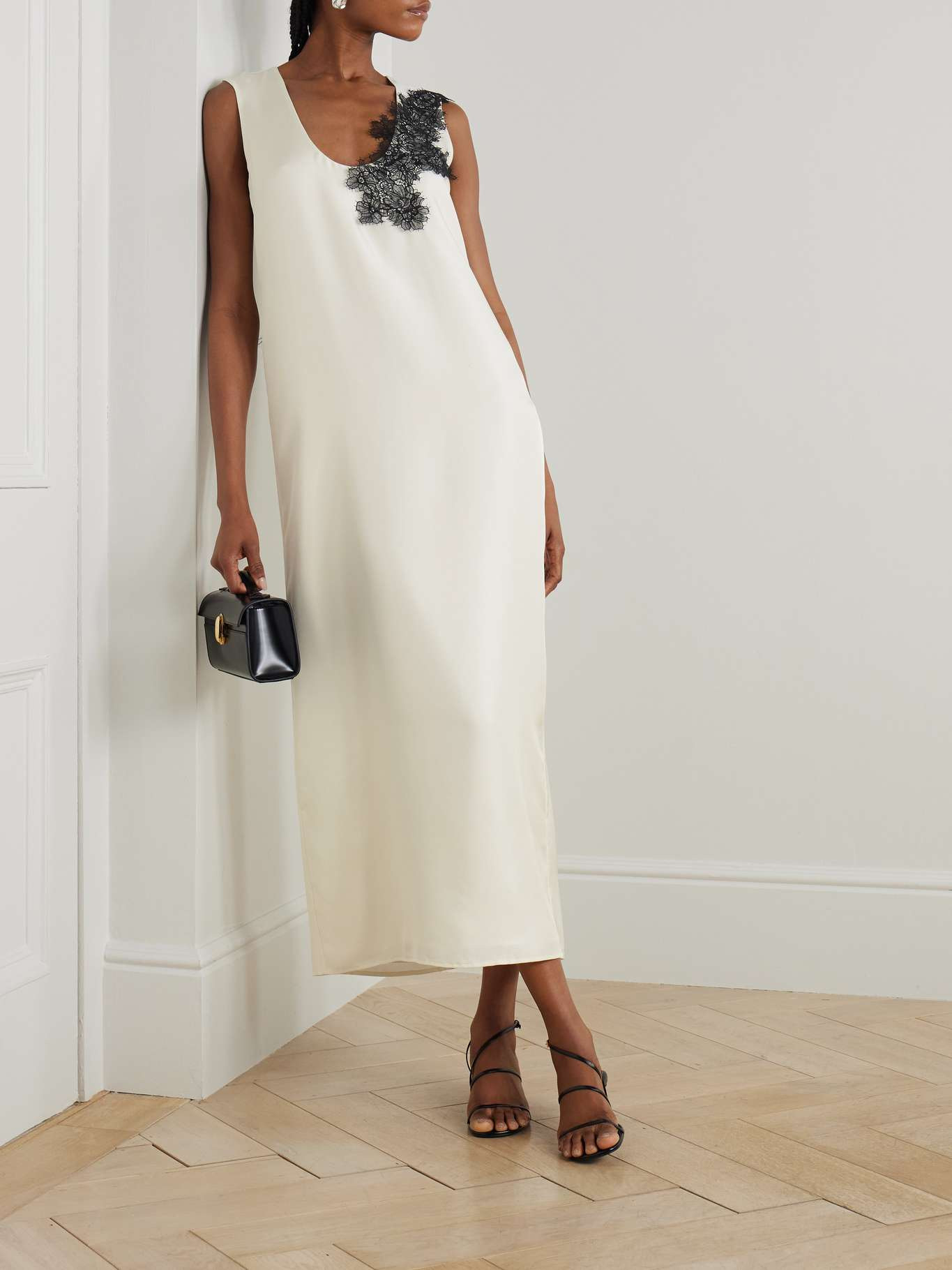 Lace-trimmed silk-satin maxi dress Cream - 2