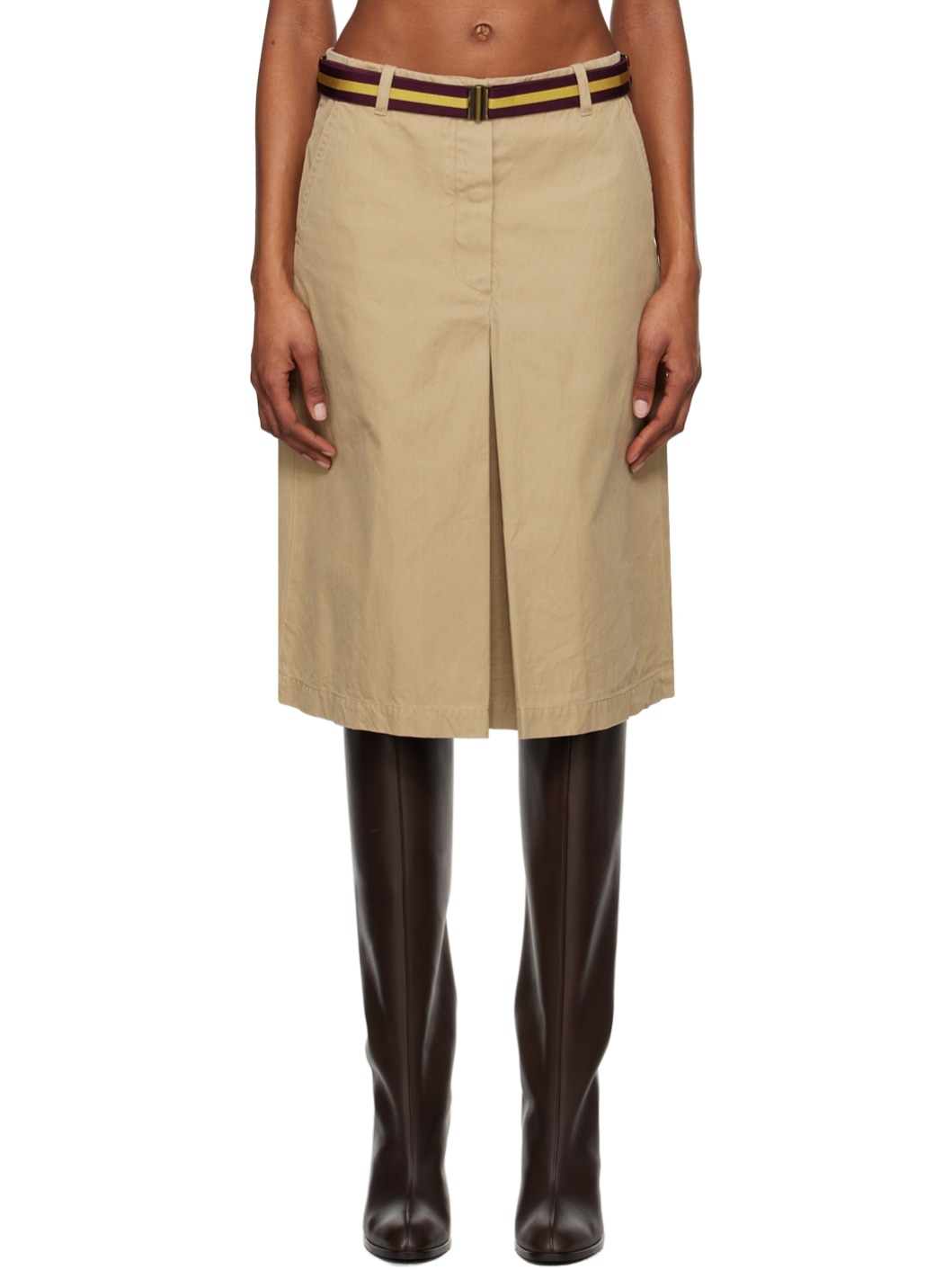 Beige Belted Midi Skirt - 1