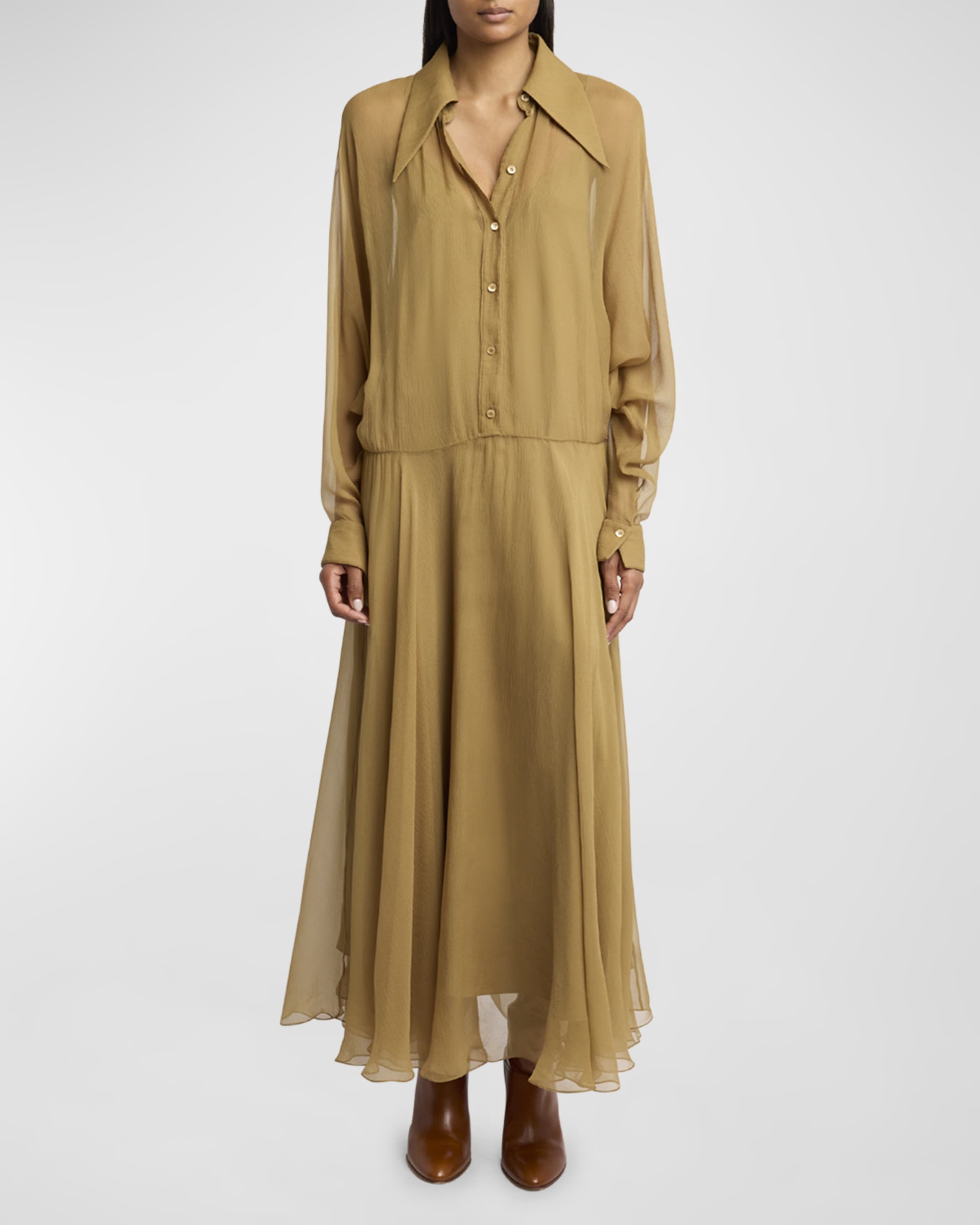 Long-Sleeve Organic Silk Maxi Shirtdress - 2