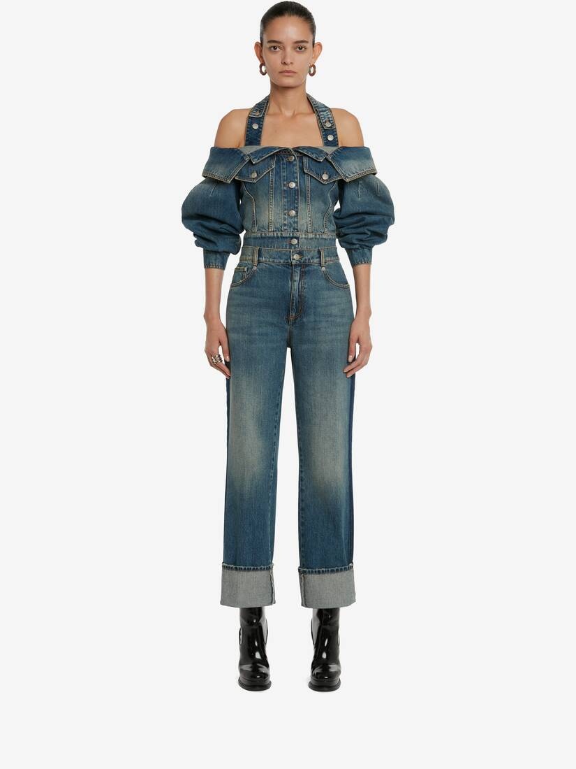Women's Off-the-shoulder Denim Jacket in Washed Blue - 2