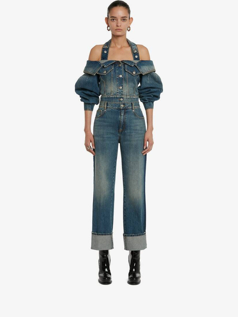 Alexander McQueen Women's Off-the-shoulder Denim Jacket in Washed Blue outlook