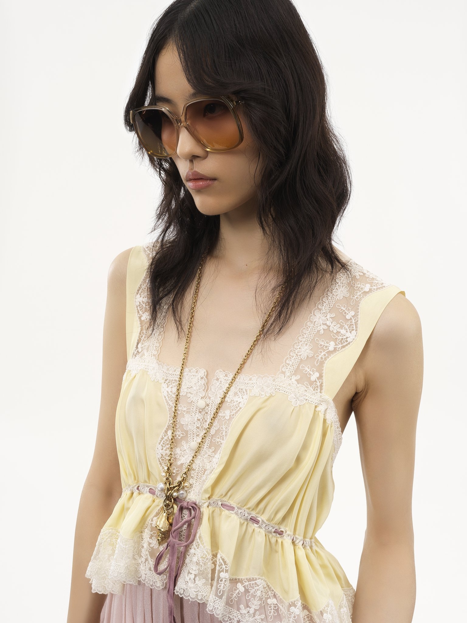 SQUARE-NECK CROPPED TOP IN SILK HABOTAI & LACE - 6
