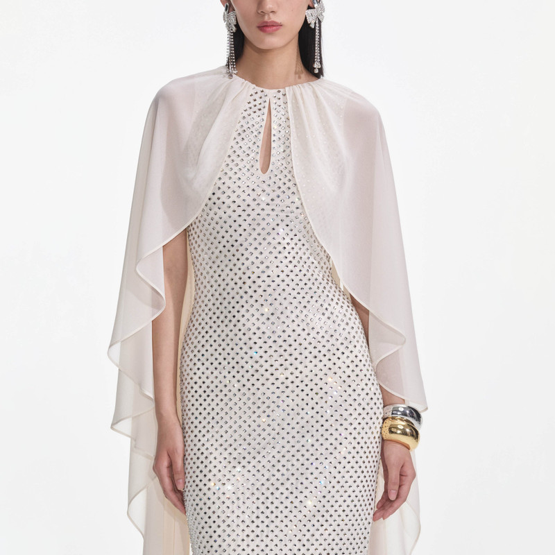 Cream Rhinestone Cape Maxi Dress 4