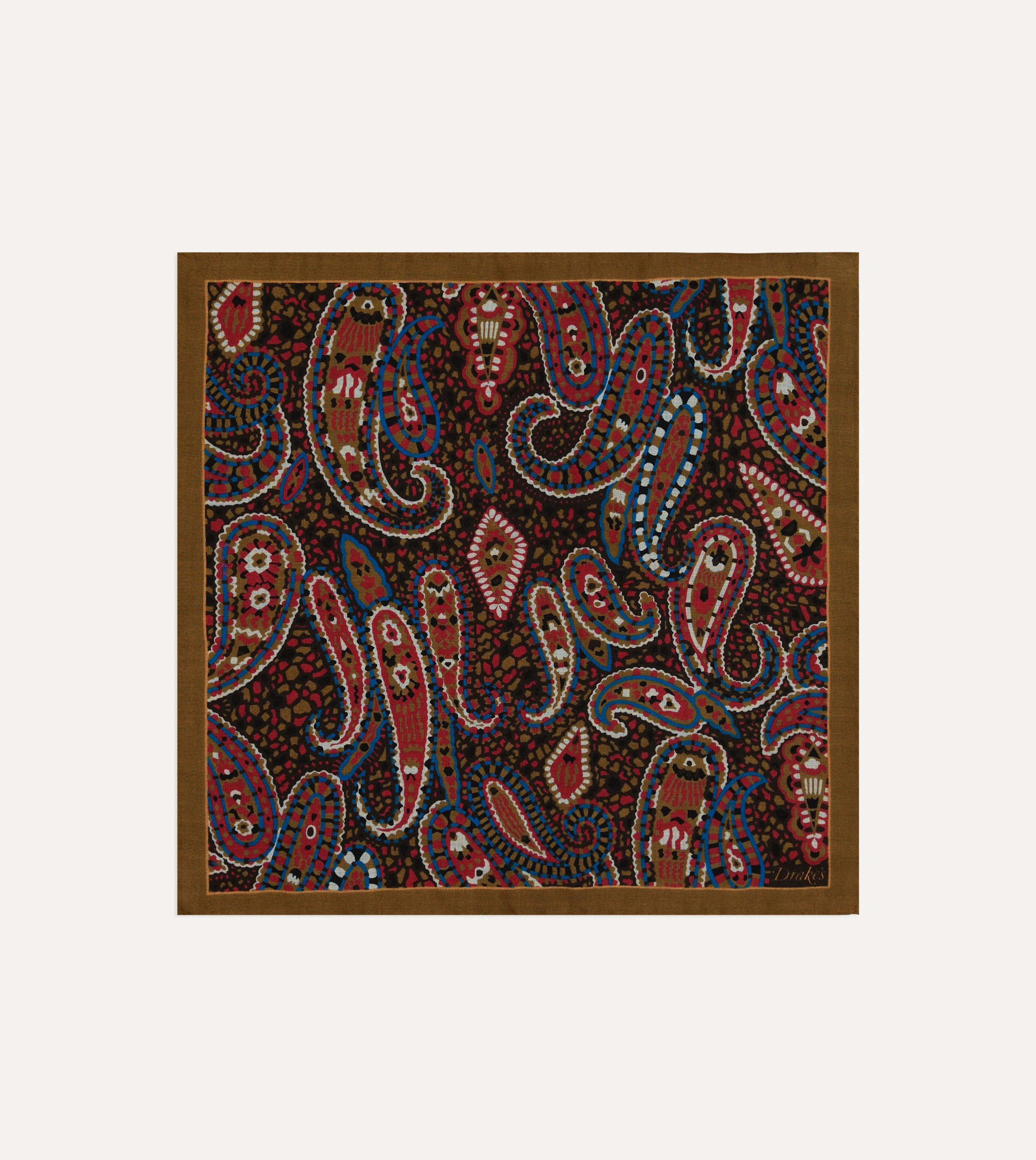 Brown Mosaic Paisley Print Wool-Silk Pocket Square - 1
