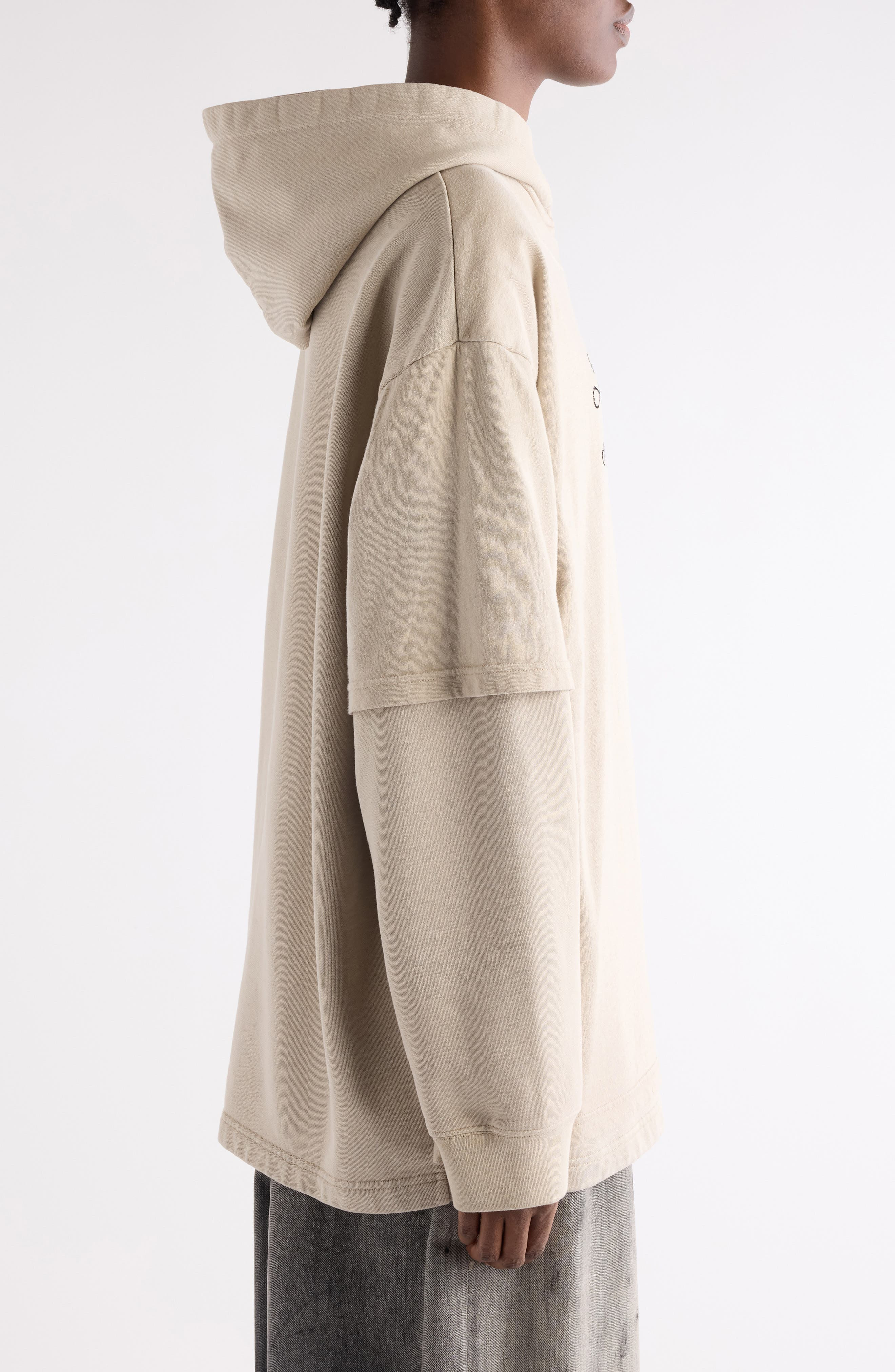 Acne Studios Floor Fairy Tale Layered Logo Graphic Hoodie in Faded Beige at Nordstrom - 4