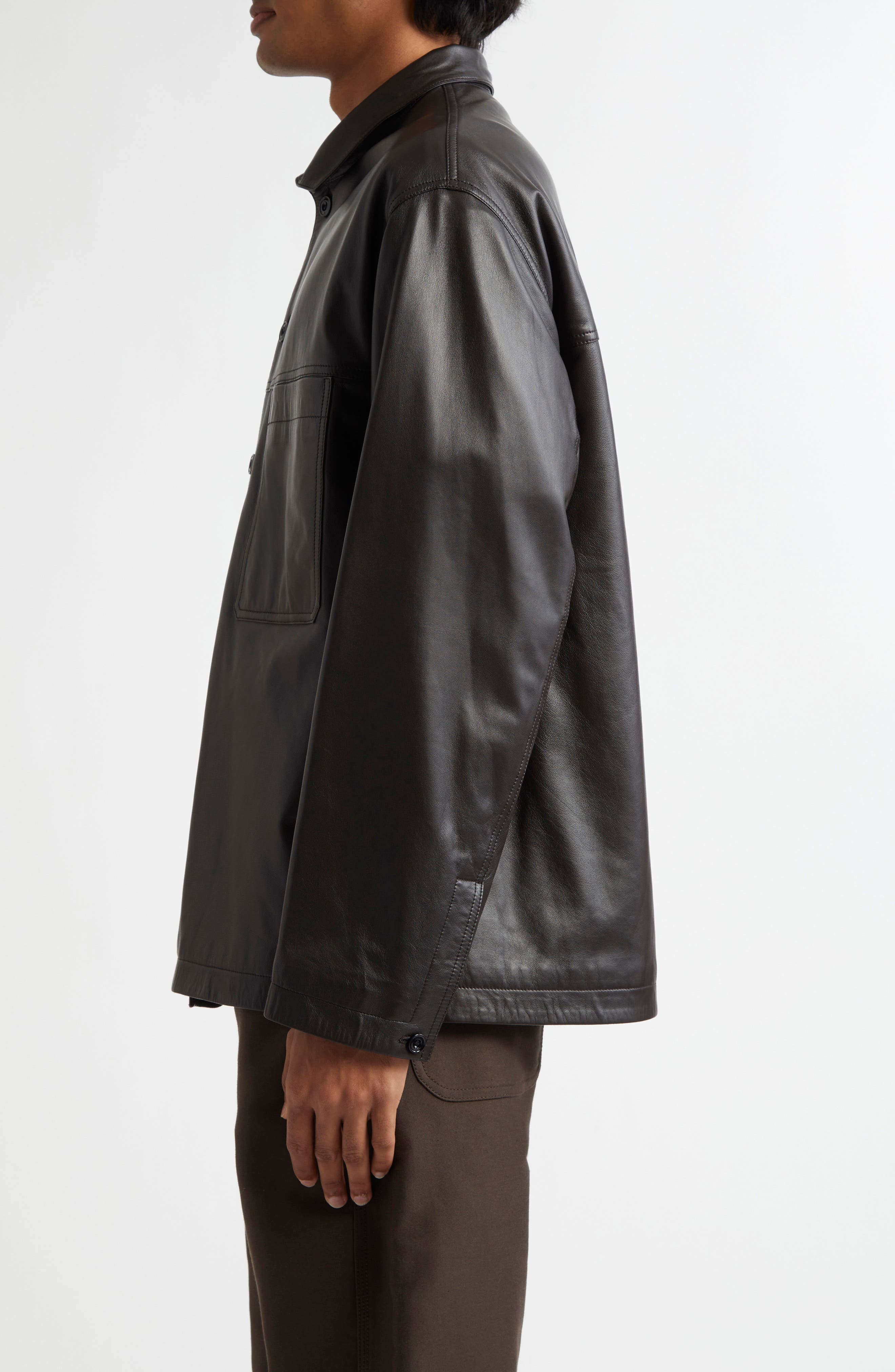 Lemaire Stand Collar Leather Shirt Jacket in Dark Espresso Br507 at Nordstrom - 4