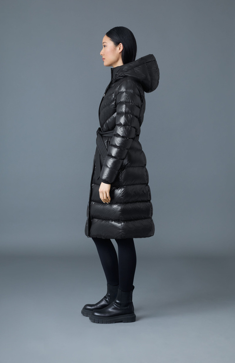 CORALIA down coat with hood and sash belt 3