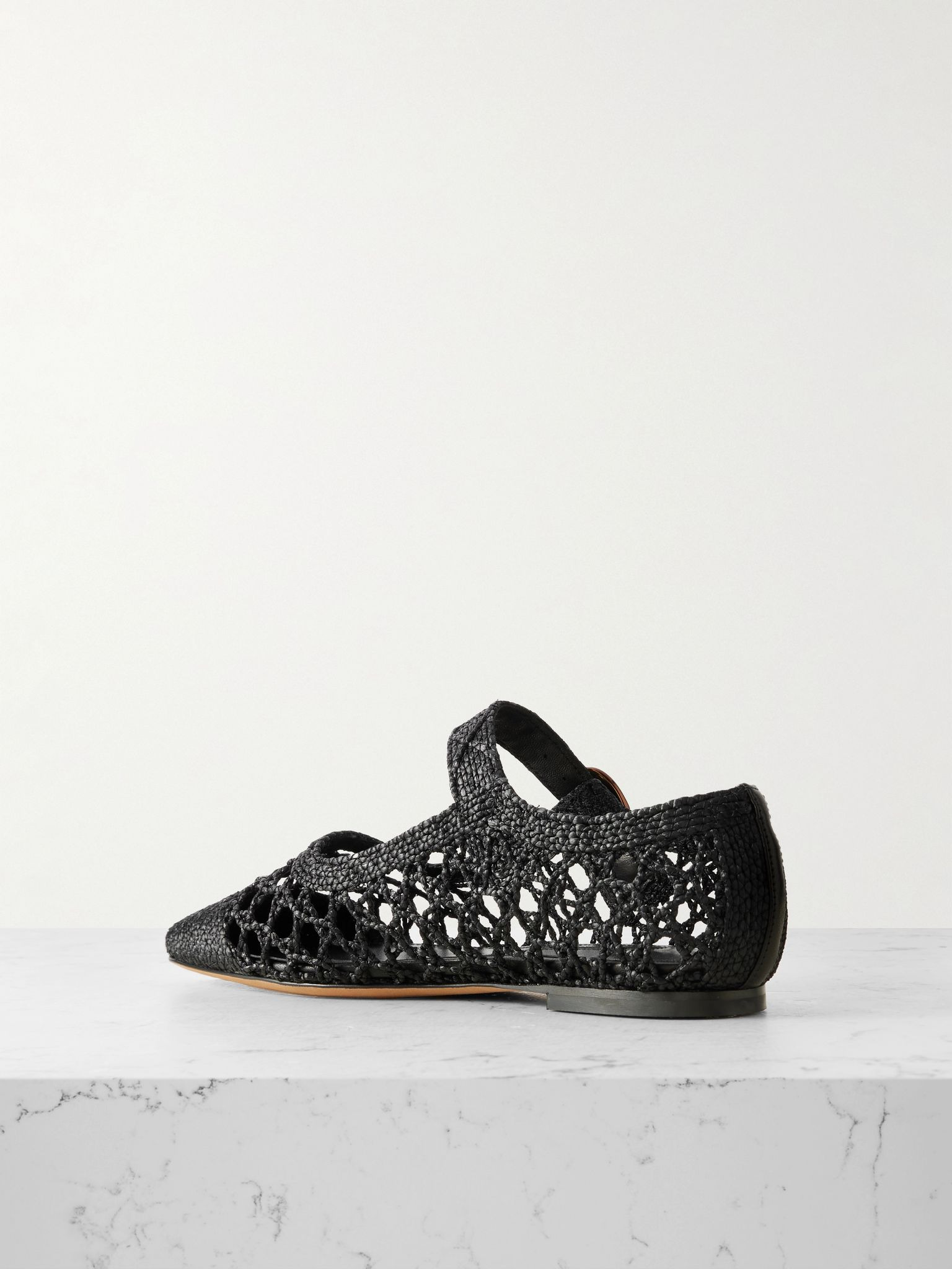 Tramonto leather-trimmed woven raffia Mary Jane ballet flats Black - 3