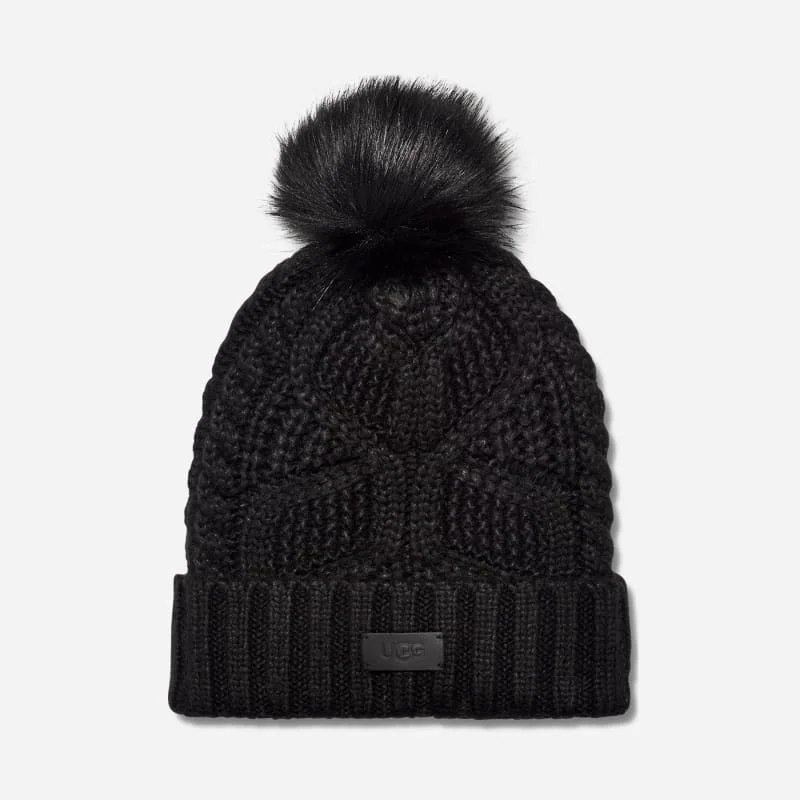 ® Women's Cable Beanie With Pom Knit/Faux Fur in Black - 1