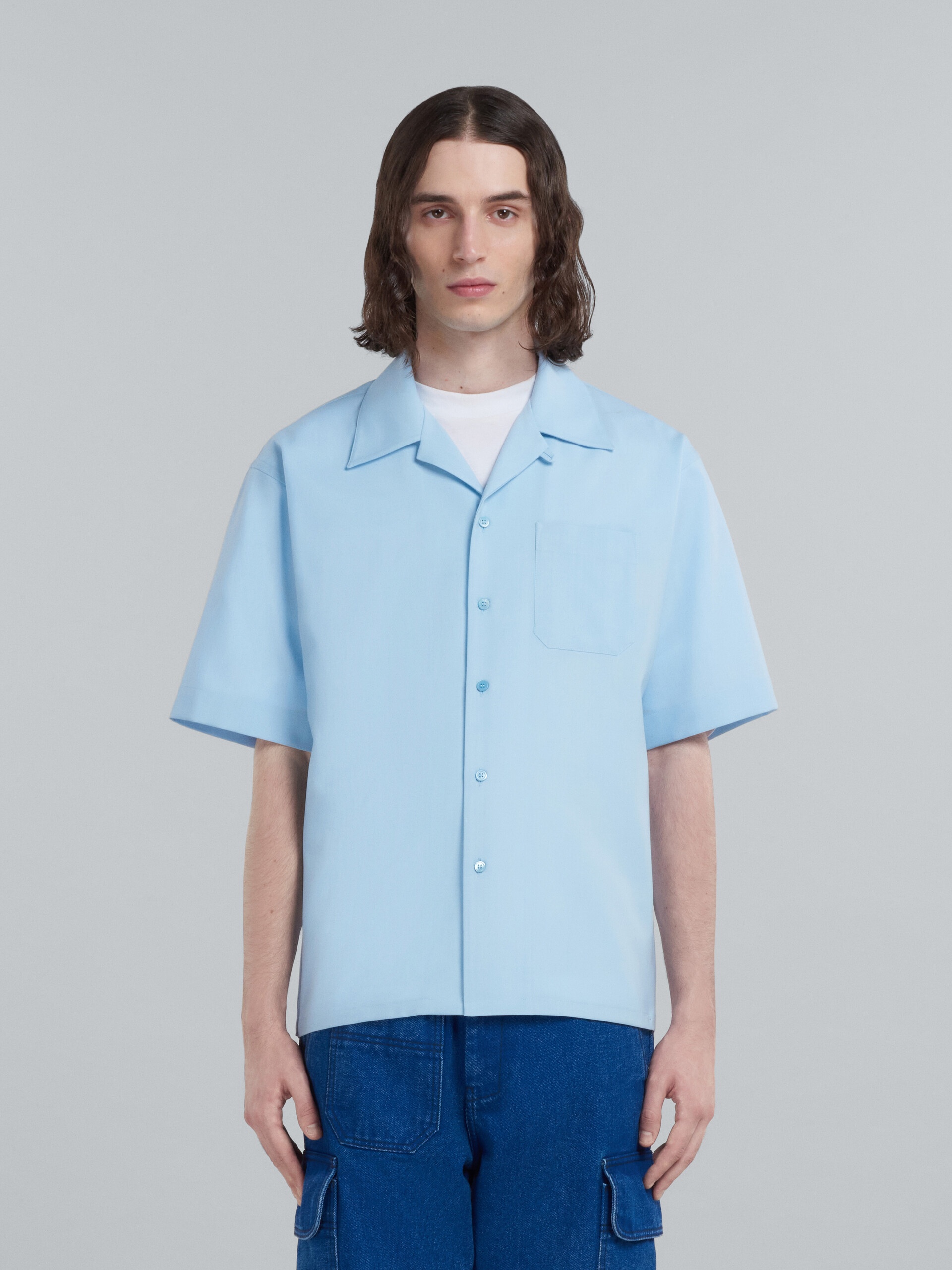 LIGHT BLUE TROPICAL WOOL BOWLING SHIRT - 2