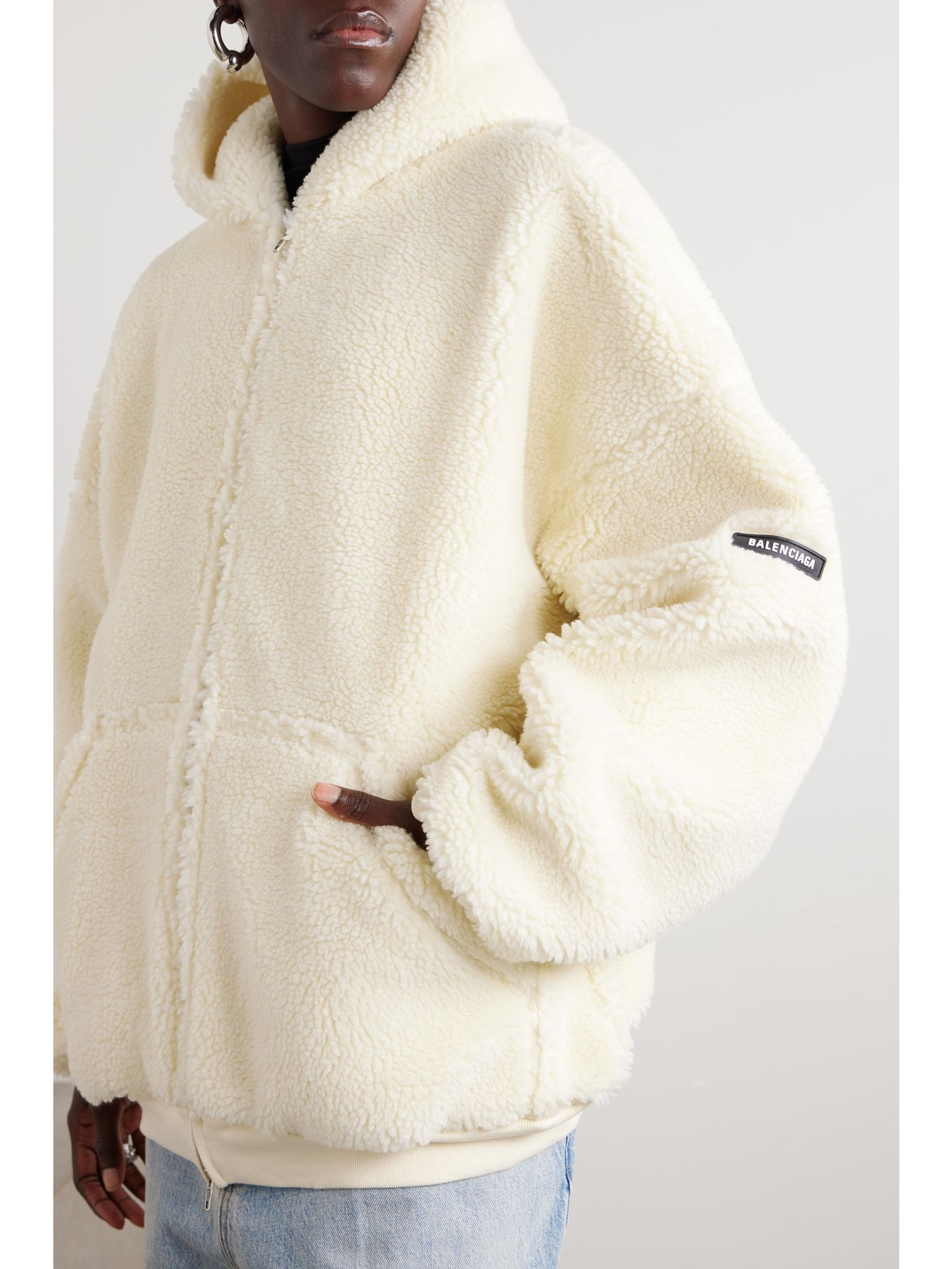 Oversized hooded faux shearling jacket Ivory - 3