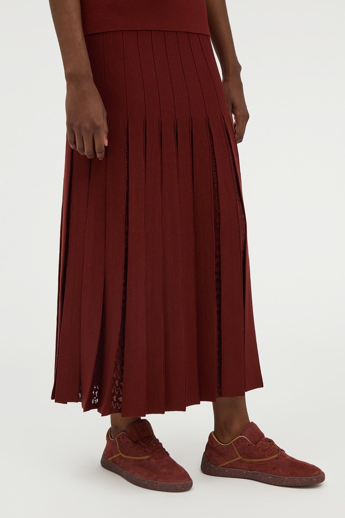 Debutante Knit Pleated Maxi Skirt in Burnt Sienna Merino Wool - 5