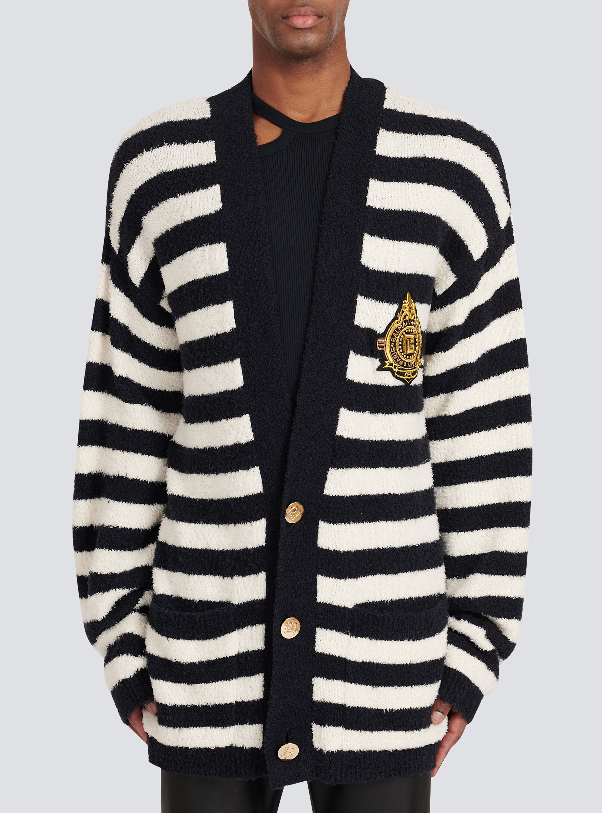 Cotton cardigan with strippes and Balmain badge - 6