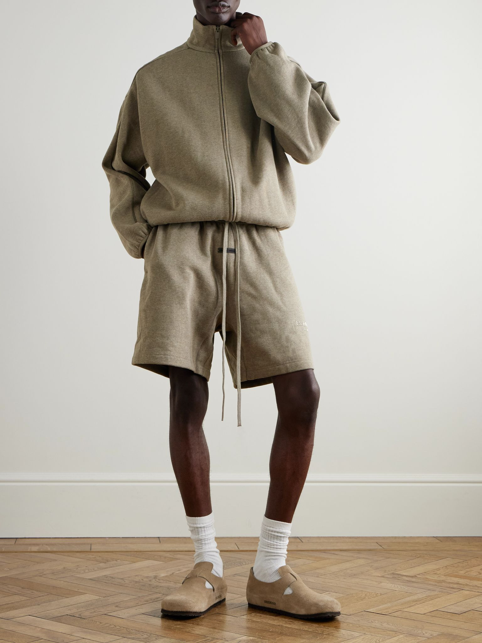 Wide-Leg Logo-Appliquéd Cotton-Blend Jersey Drawstring Shorts Taupe - 2