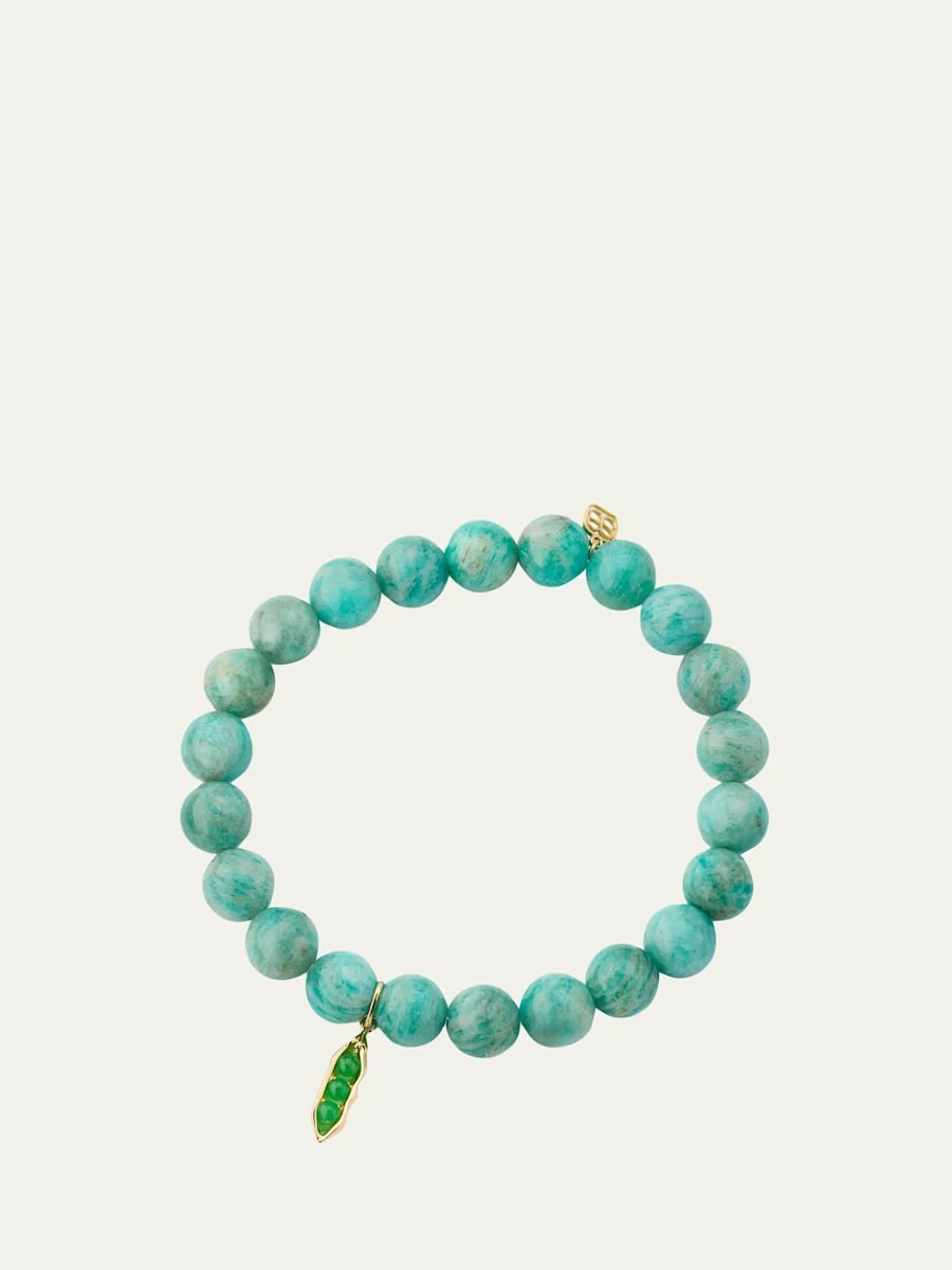 14K Green Jade Pea Pod Charm on Amazonite Stretch Bracelet - 1