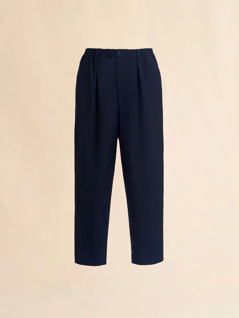 DEEP BLUE TROPICAL WOOL TROUSERS WITH DRAWSTRING WAIST - 1
