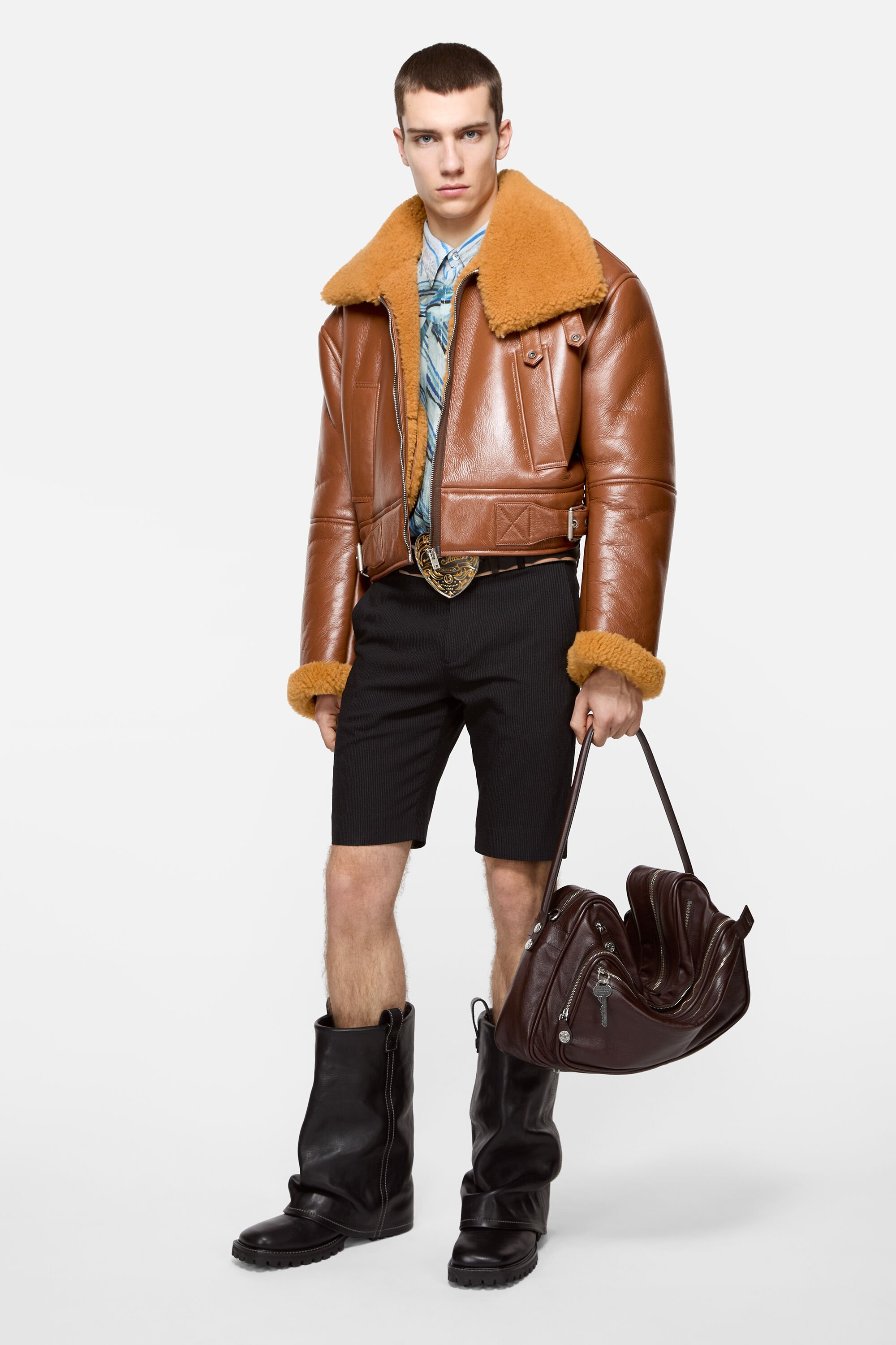 Shearling biker jacket - Rust brown - 2