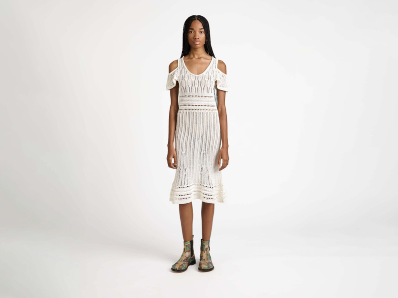 JW Anderson WOMENS SHOULDER RUFFLE CROCHET DRESS IN WHITE outlook