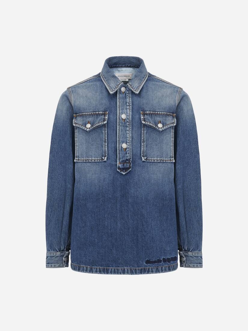 Men's Pull-over Denim Shirt in Washed Blue - 1