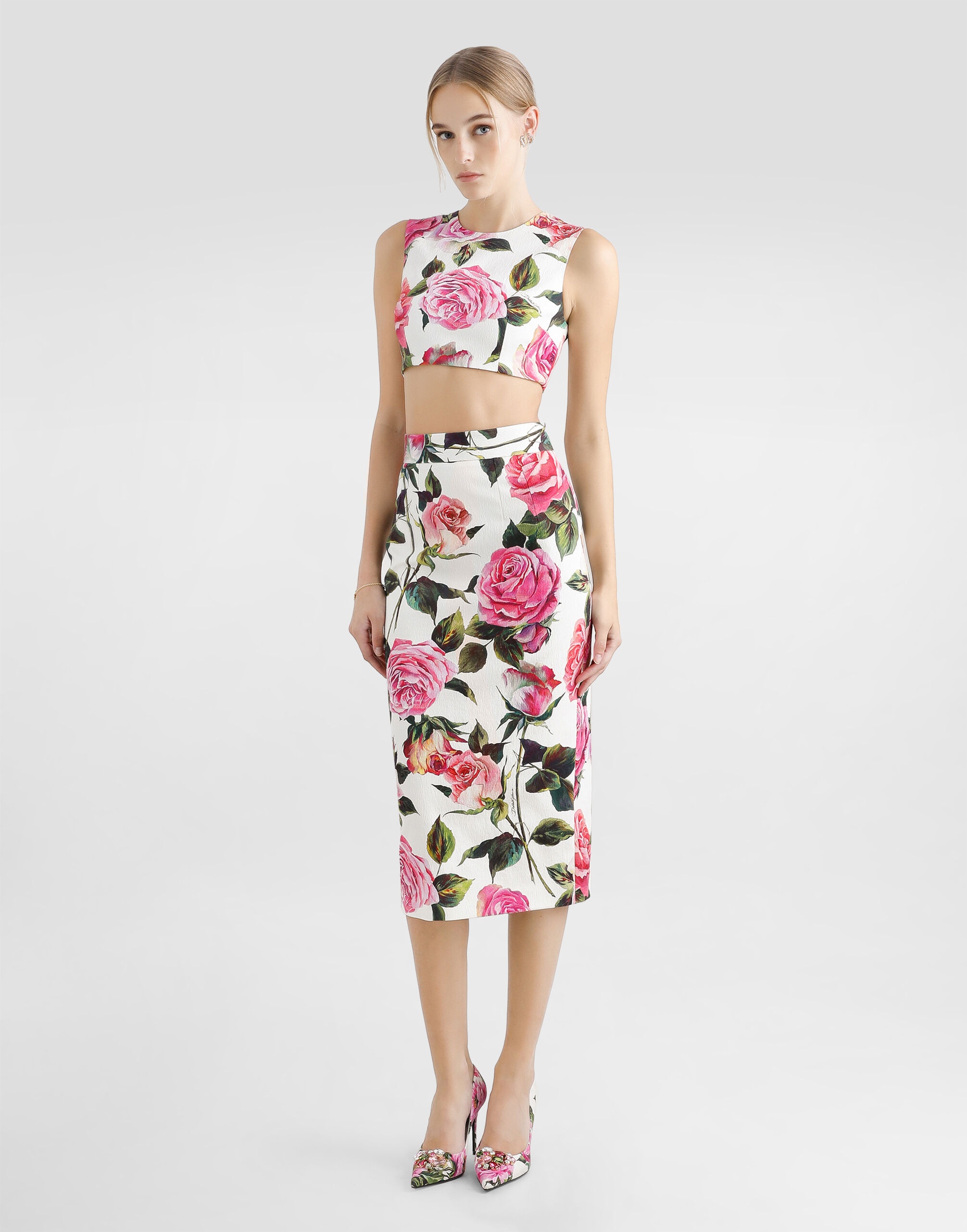 Rose-print cotton jacquard calf-length skirt - 2