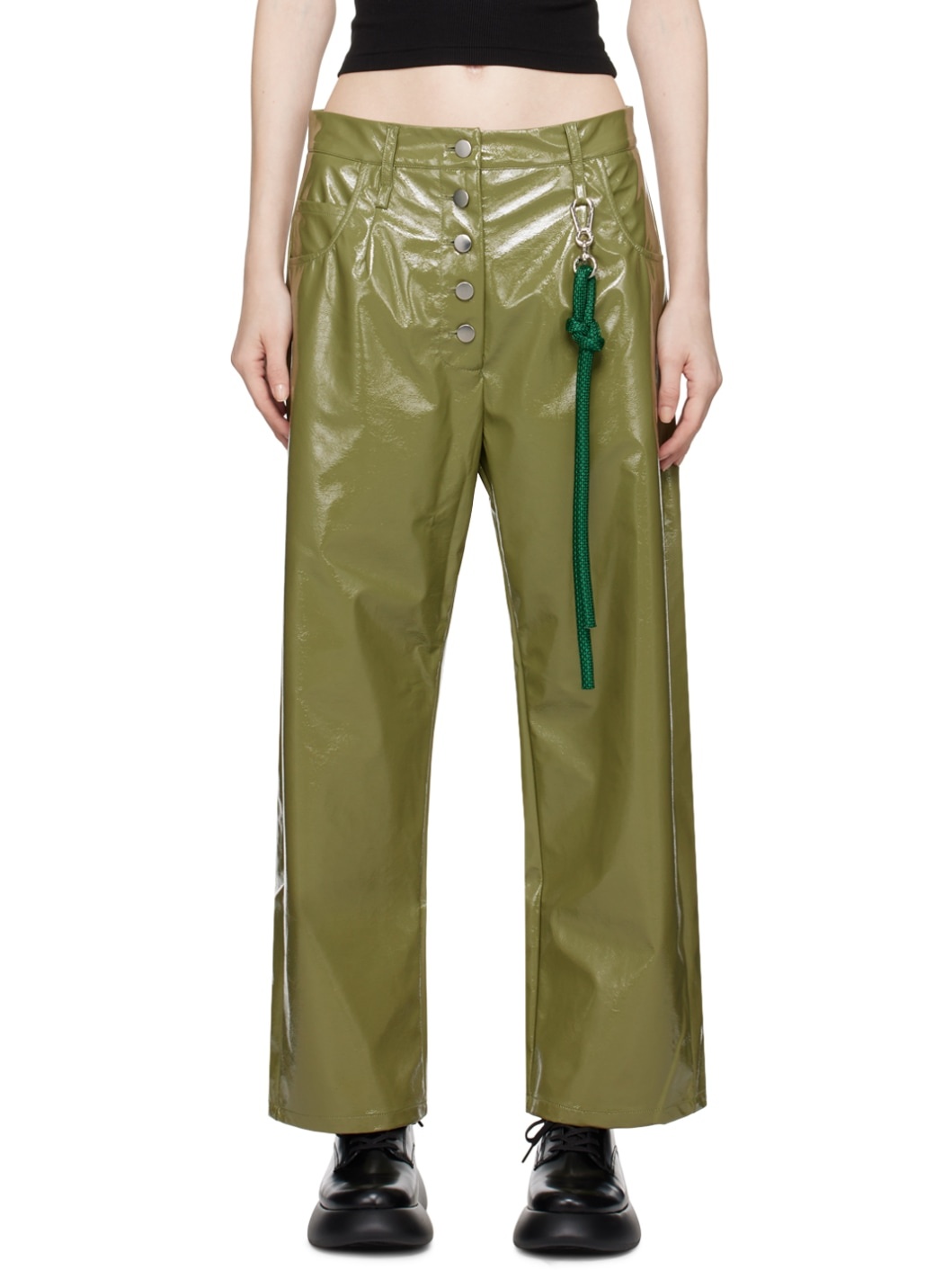 Green Straight-Fit Faux-Leather Trousers - 1