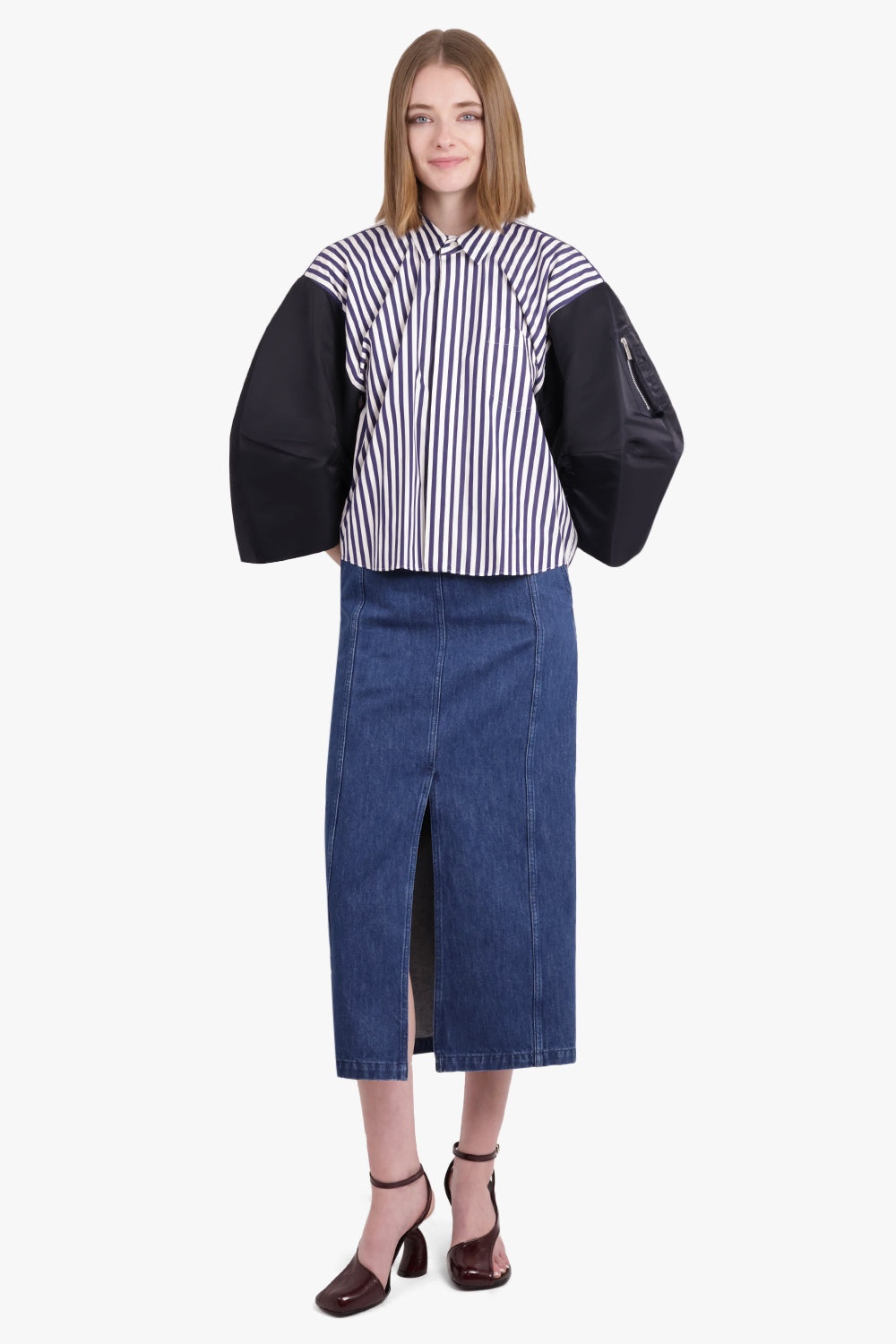 CONTRAST BALLOON L/S CROPPED STRIPE SHIRT | NAVY/WHITE - 3