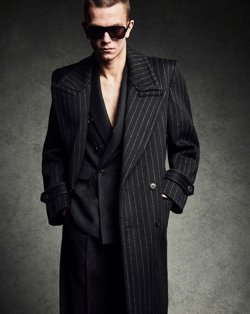 SAINT LAURENT oversized coat in pinstriped wool outlook