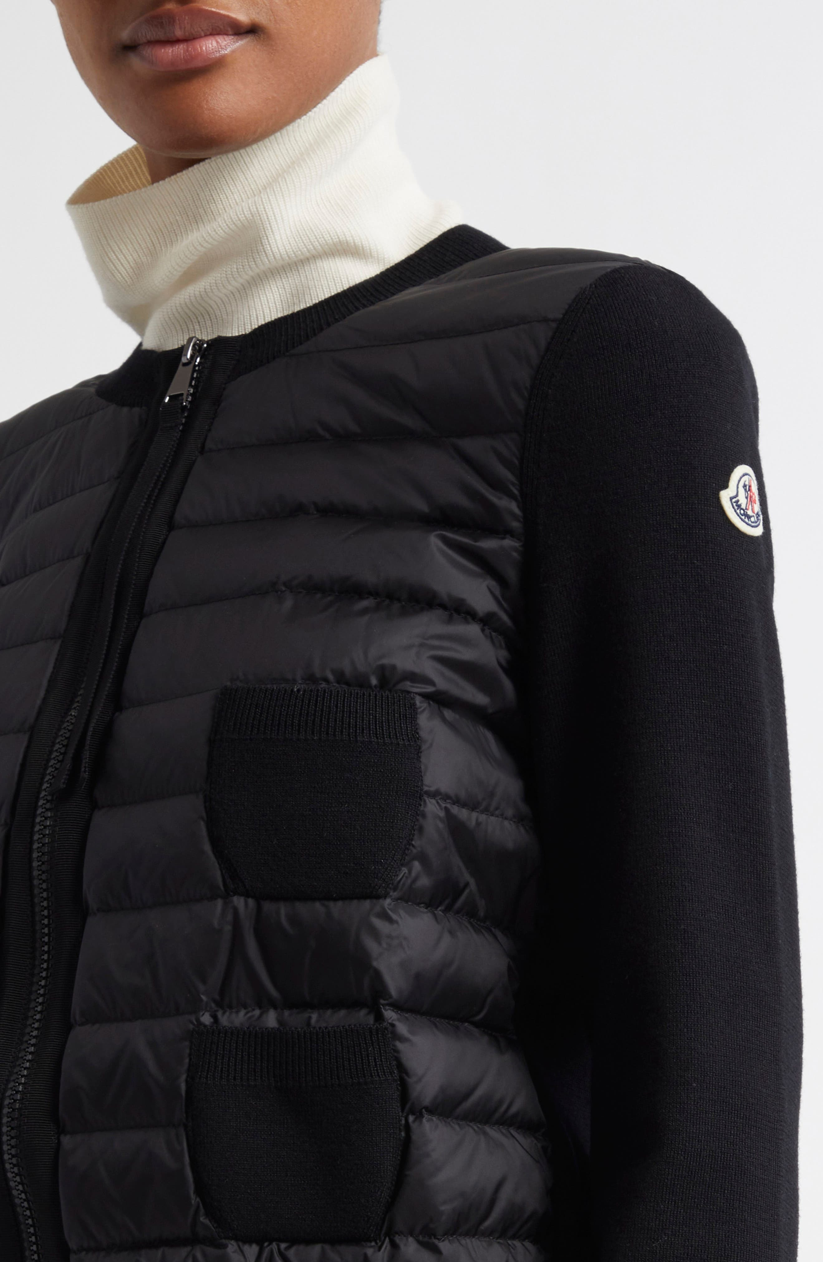 Moncler Mixed Media Quilt Front Wool Cardigan in Black/black at Nordstrom - 4