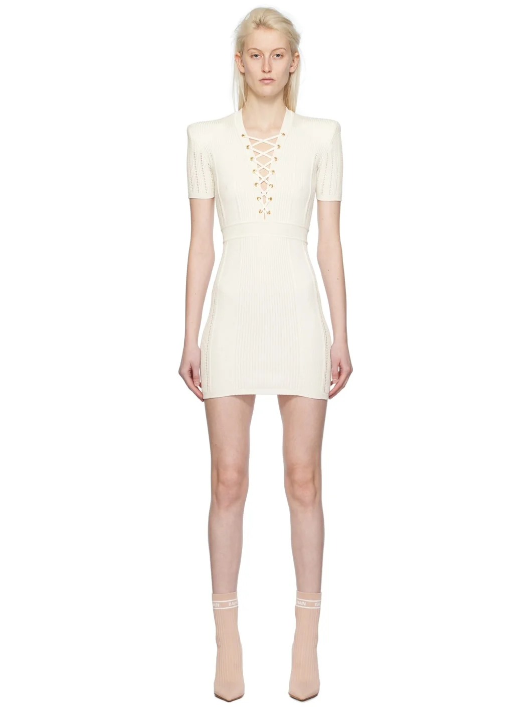 White Laced V-Neck Minidress - 1