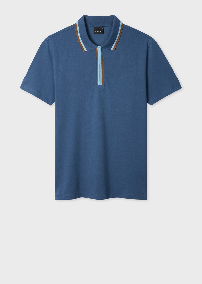 Mid Blue Contrast Tipping Zip Polo Shirt 1