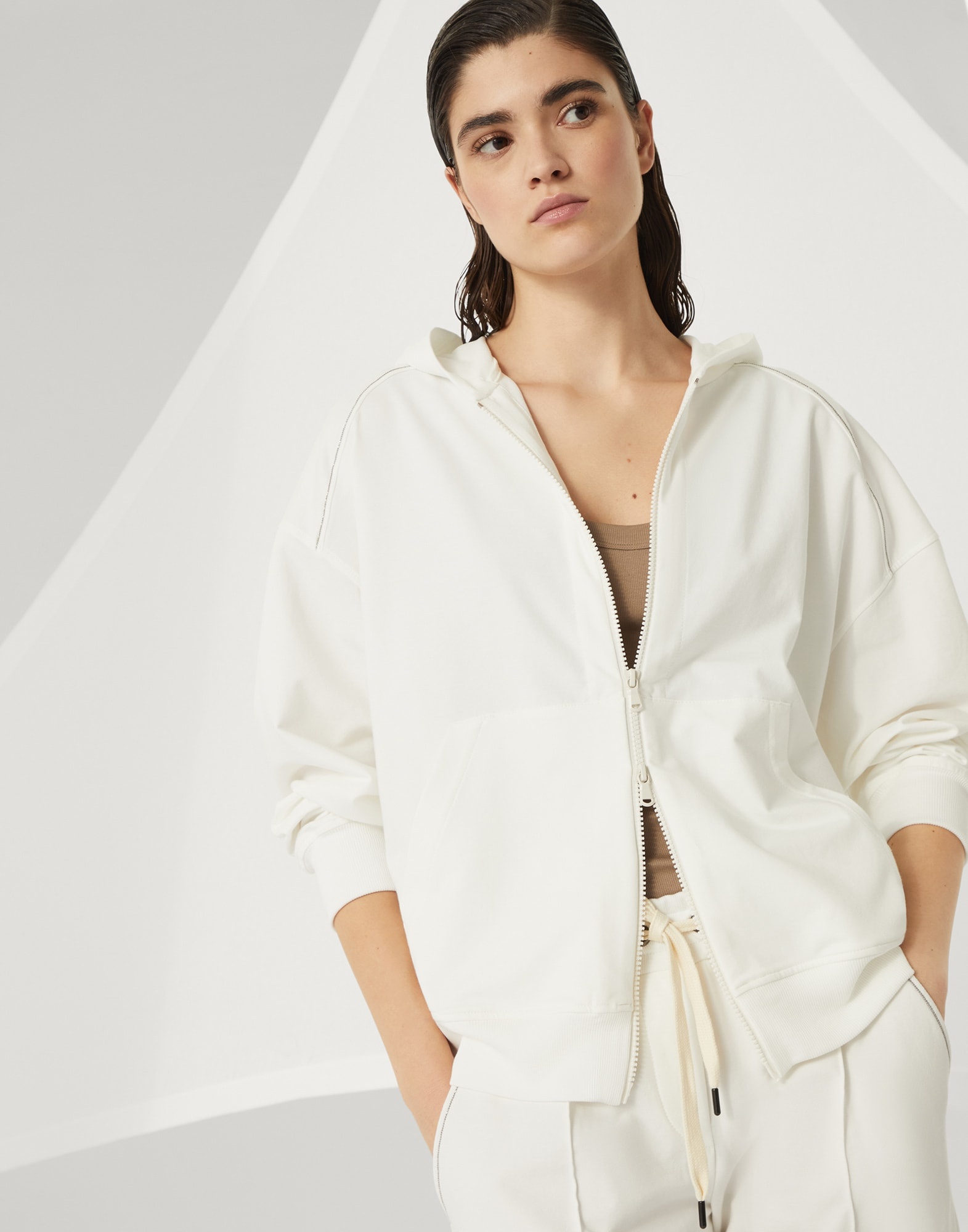 Stretch cotton lightweight French terry hooded sweatshirt with zipper and shiny trims - 4