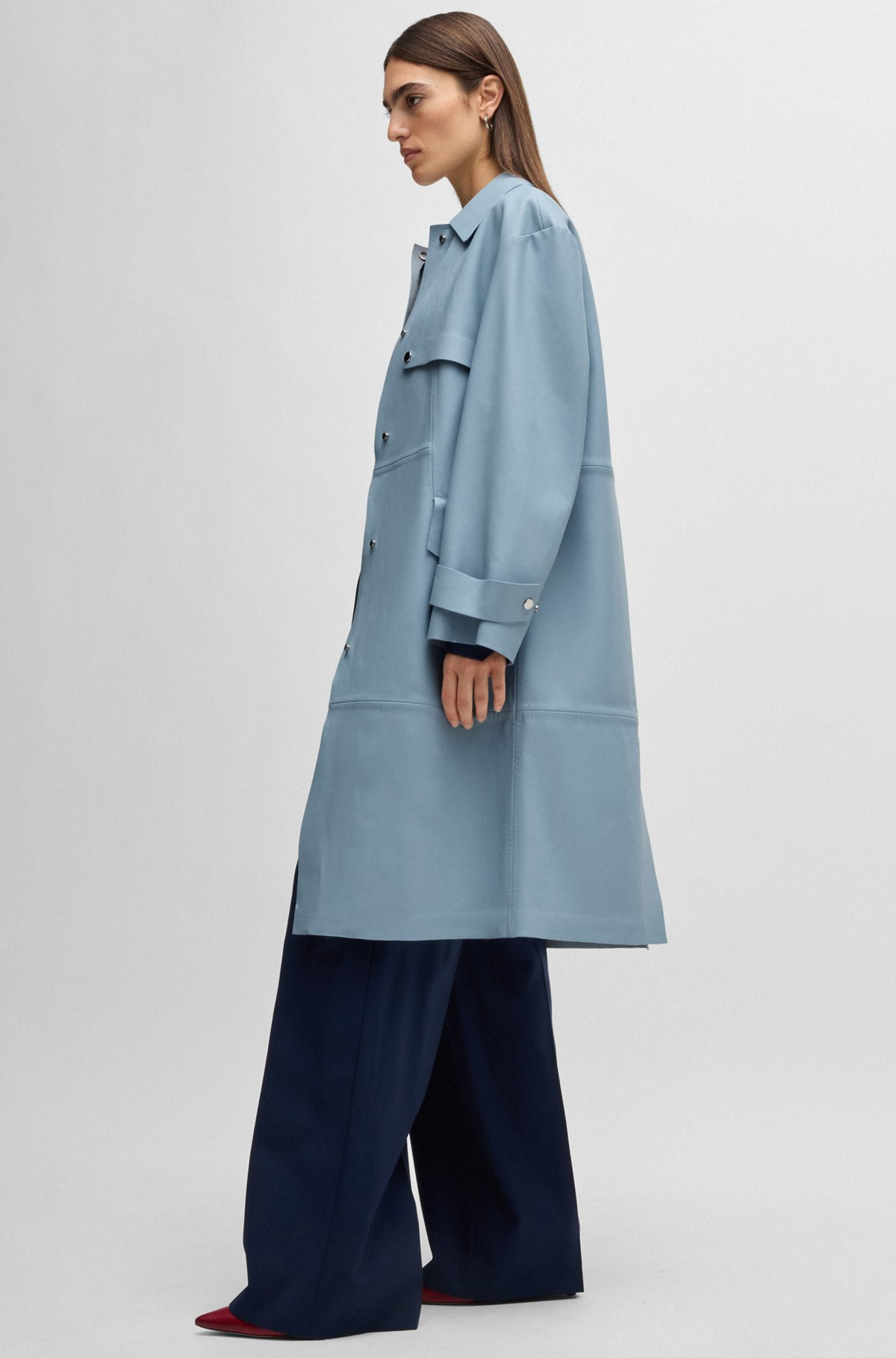 LEATHER TRENCH COAT WITH SILVER-TONE TRIMS - 6