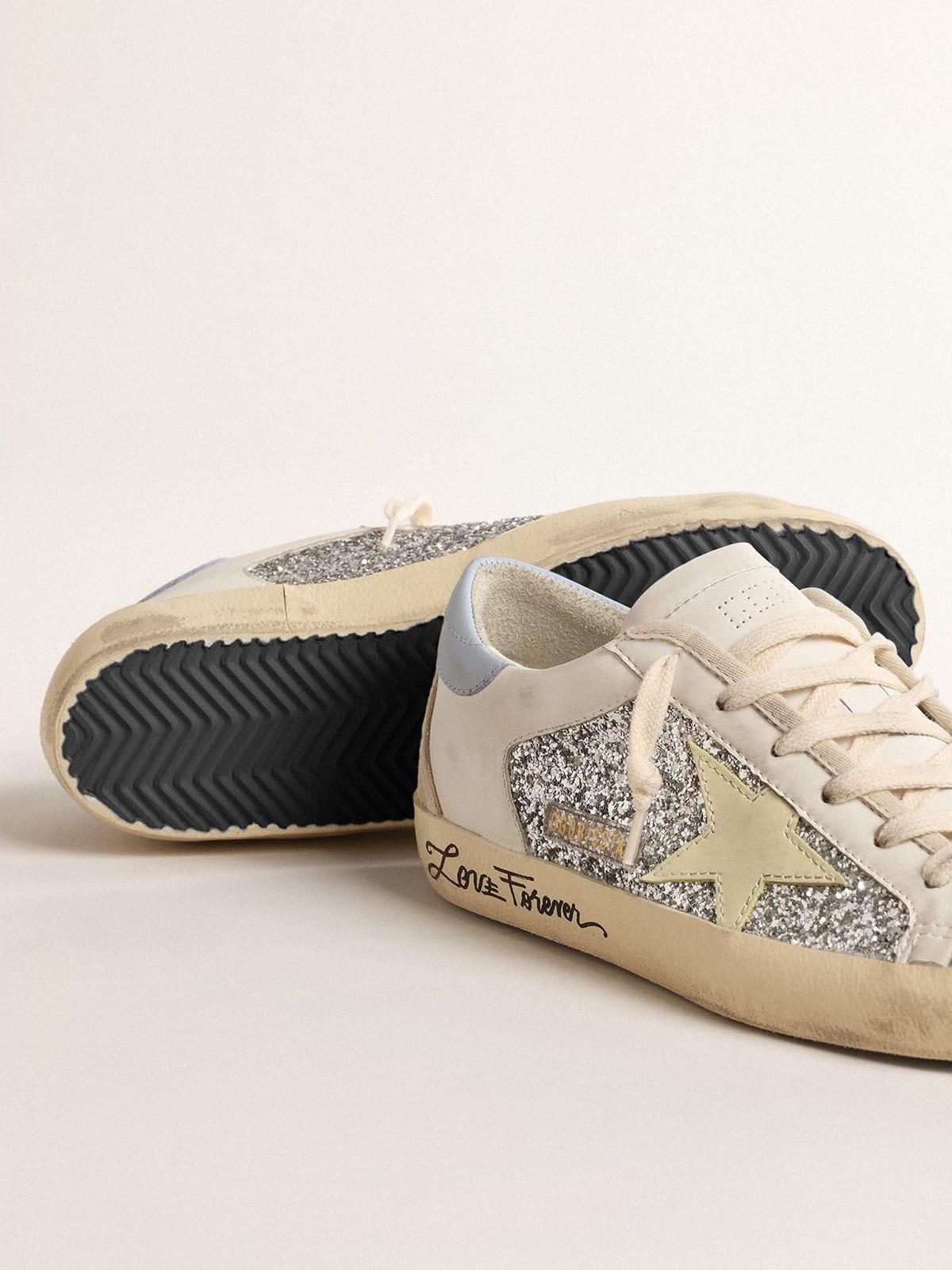 Golden Goose Bio-based Super-Star with silver glitter and