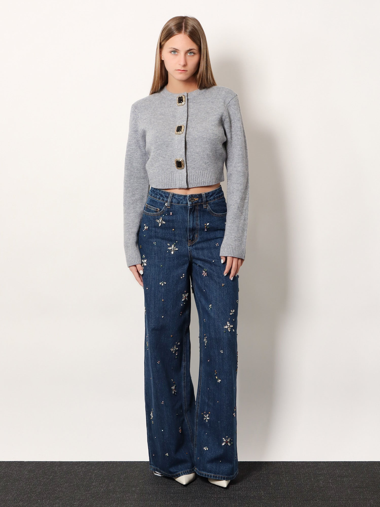 Self Portrait Wide Leg Jeans With Rhinsestones - 2