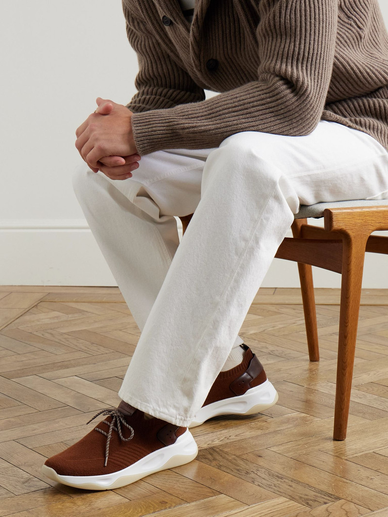 Berluti Shadow Venezia Leather-Trimmed Stretch-Knit Sneakers Brown outlook
