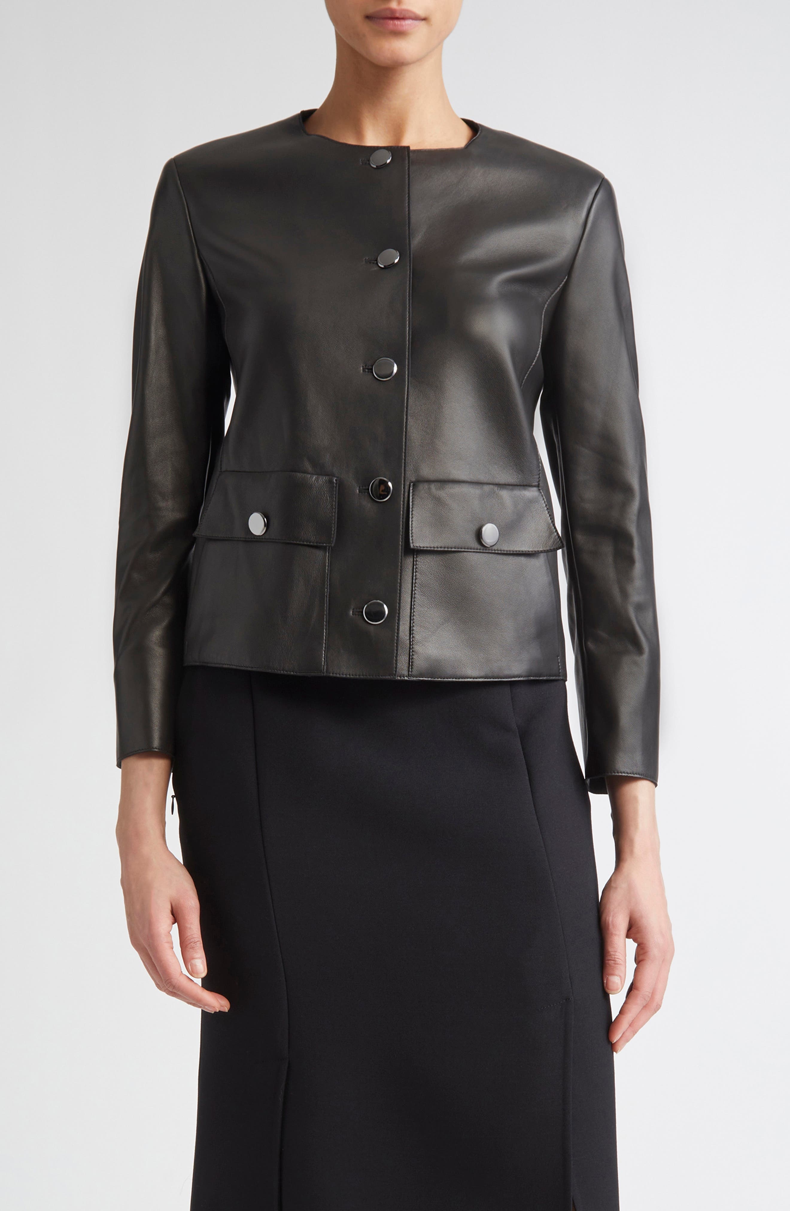Akris Collarless Lambskin Leather Jacket in Black at Nordstrom - 1