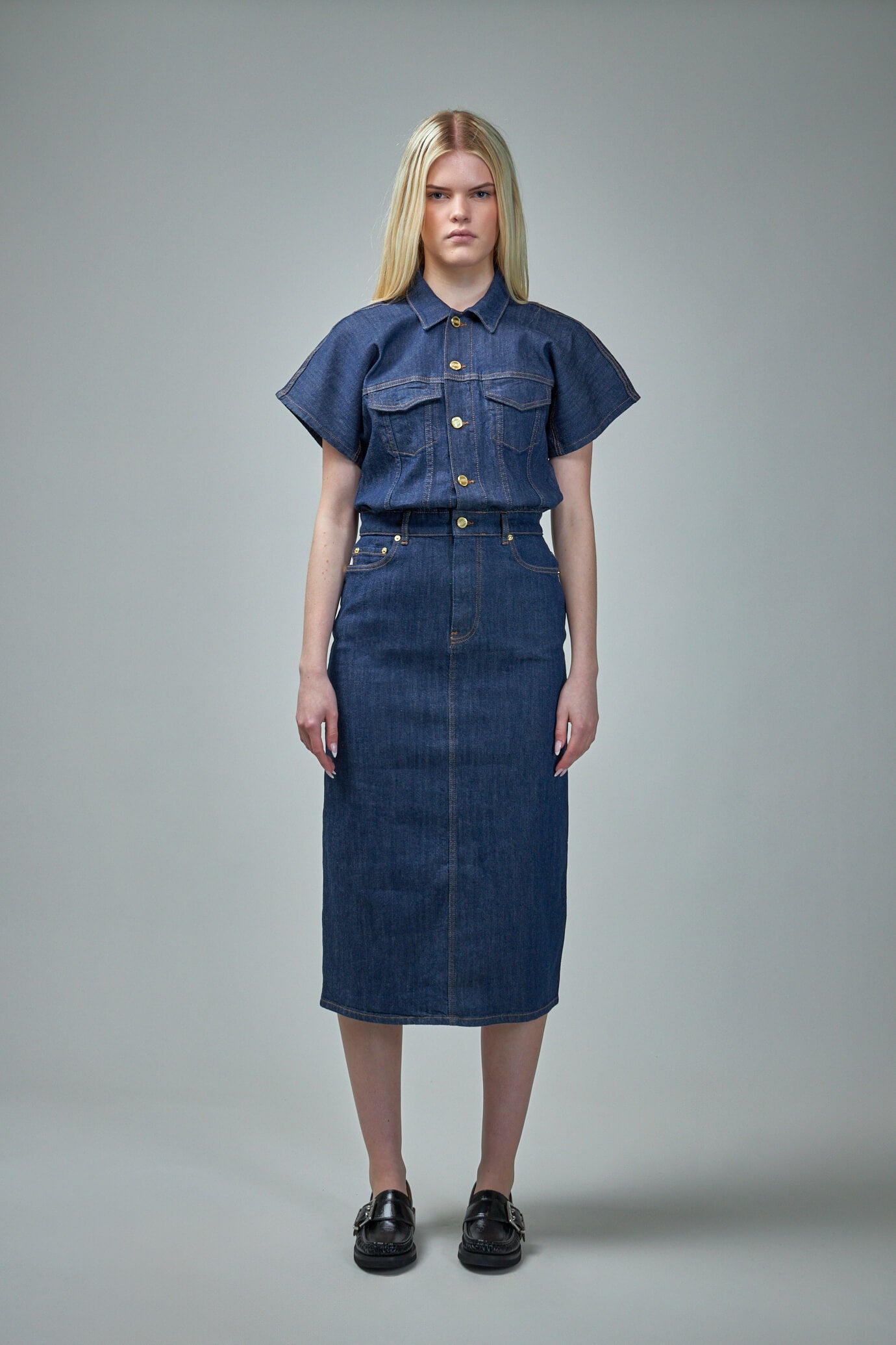 【関税&送料込】Ganni Blue Midi Dress In Organic Denim Denim midi dress in blue - Ganni | Mytheresa