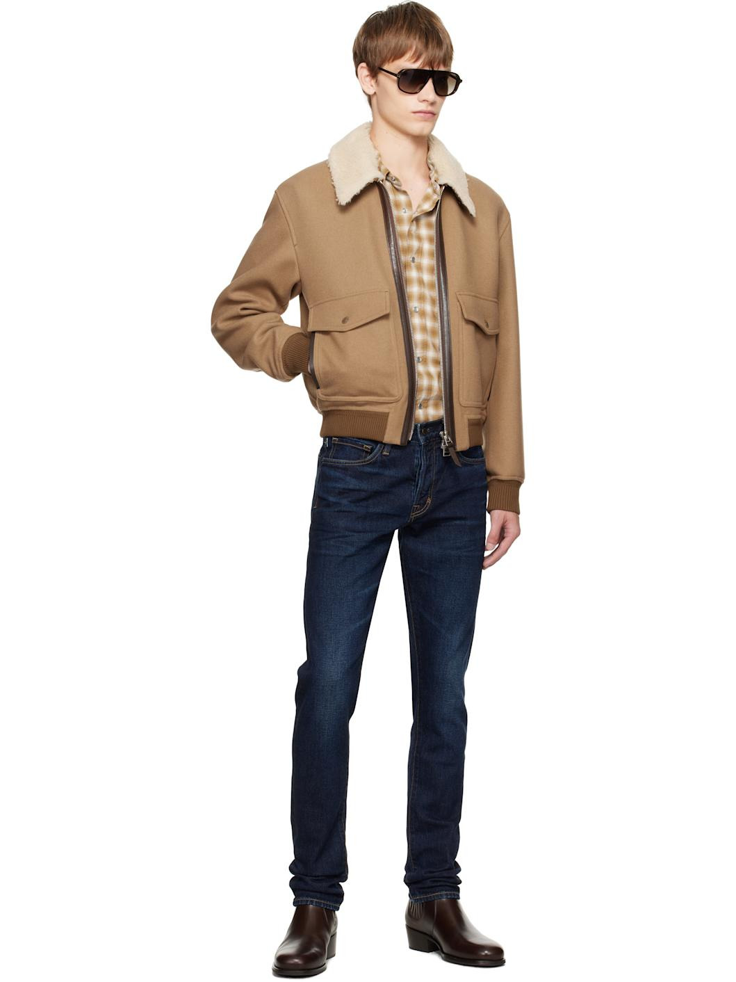 Beige Double Splittable Shearling Collar Bomber Jacket - 4