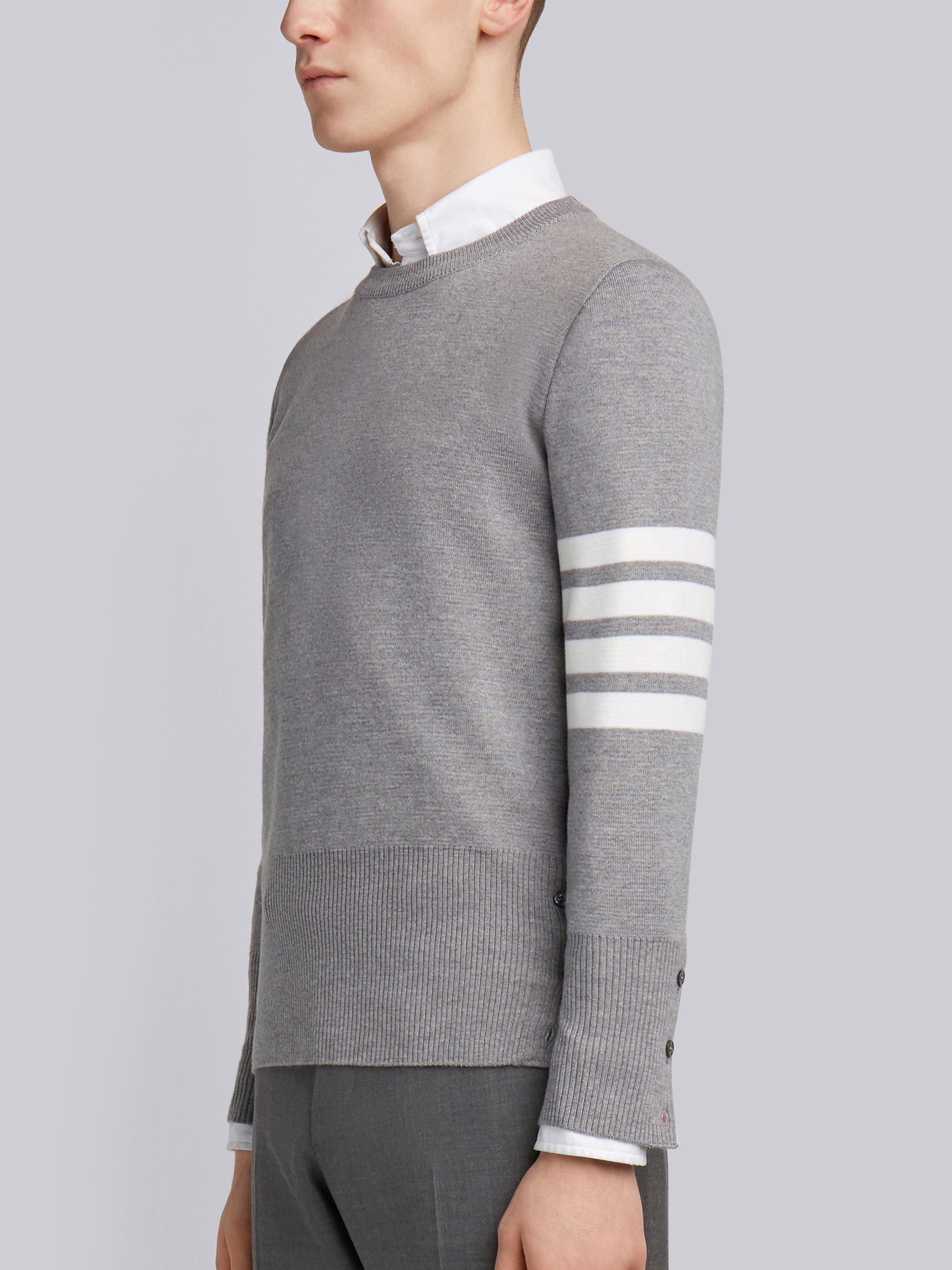 Light Grey Finemerino Wool 4-bar Crew Neck Pullover - 2